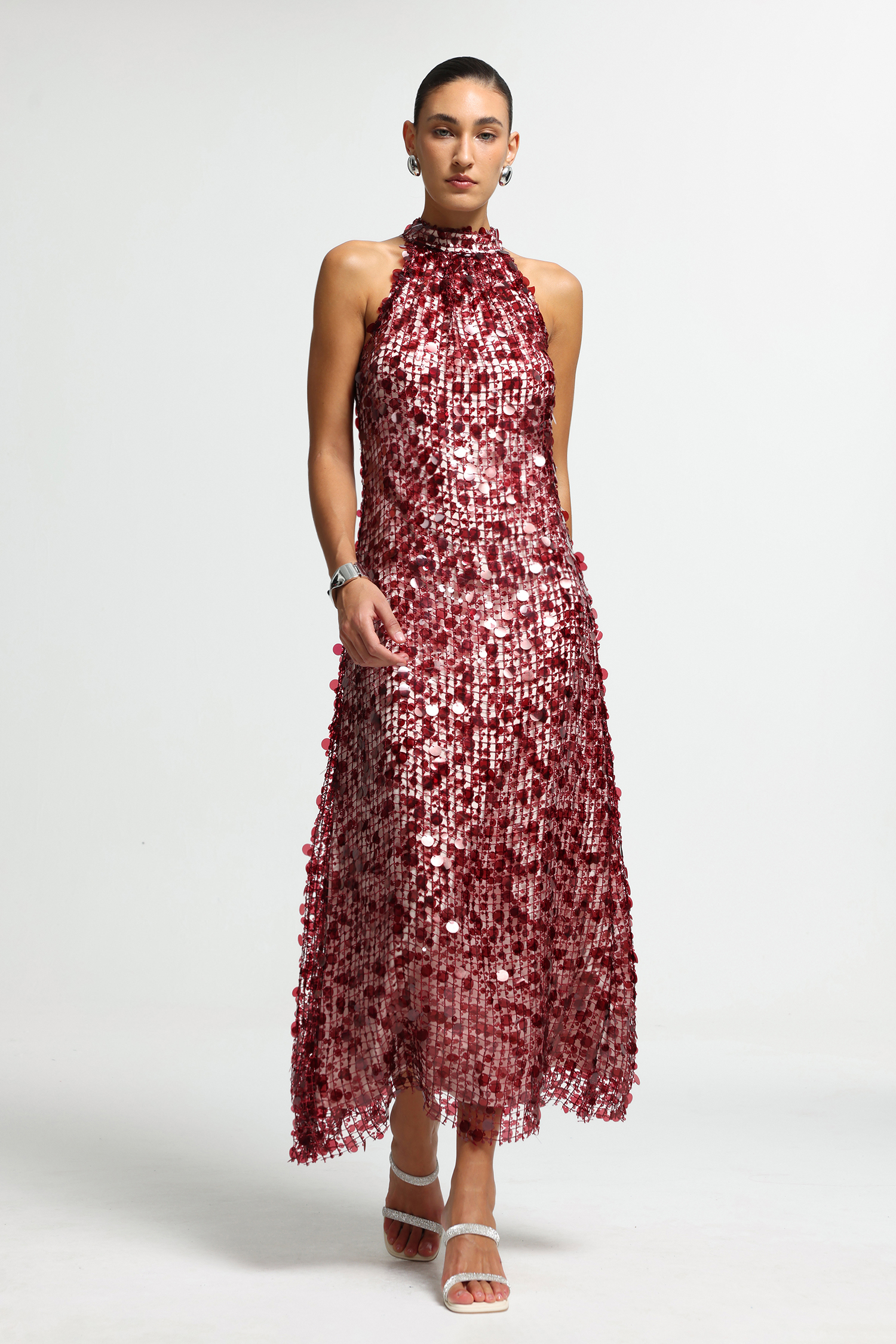 Halter Neck Disc Embellished Maxi Dress