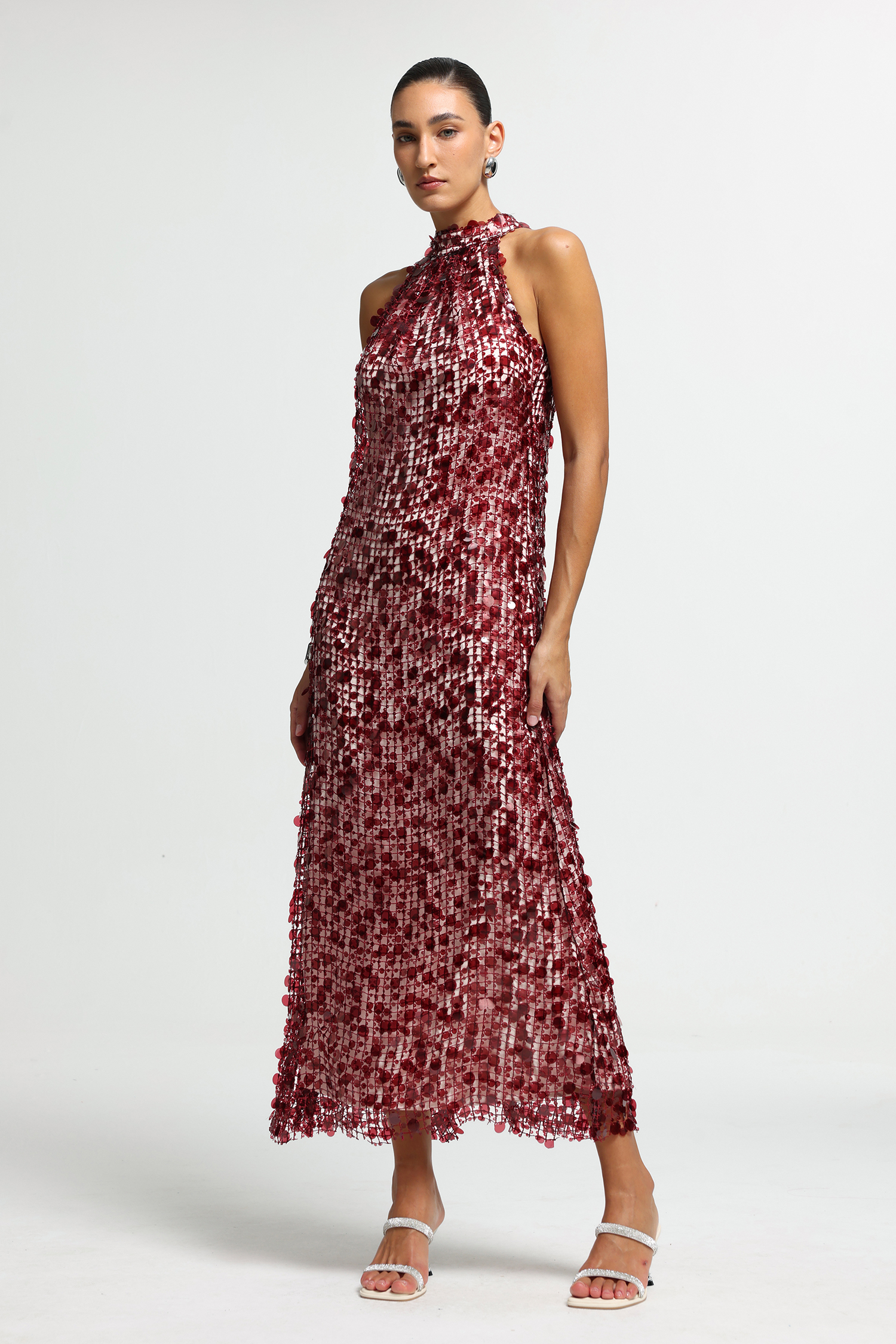 Halter Neck Disc Embellished Maxi Dress