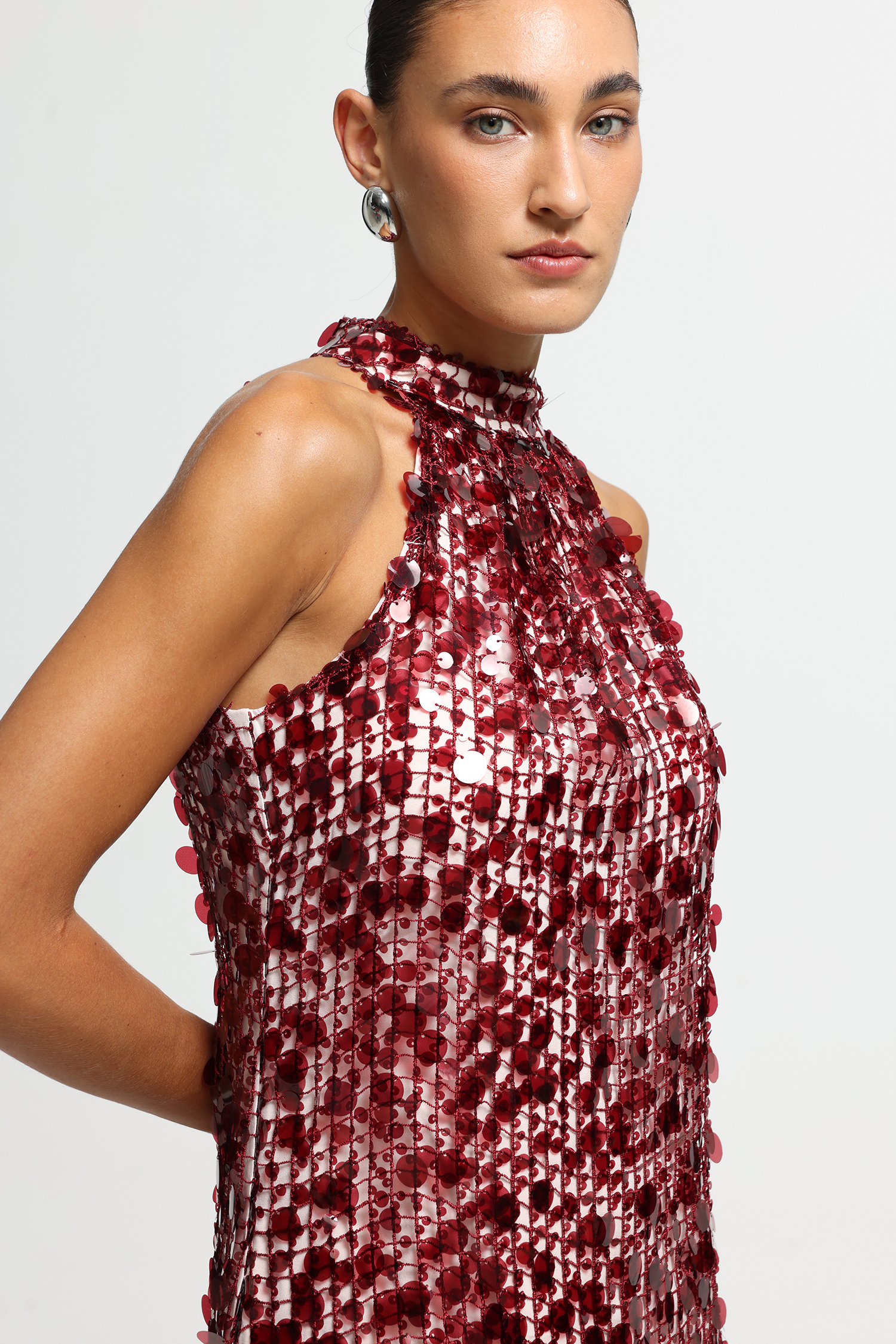 Halter Neck Disc Embellished Maxi Dress