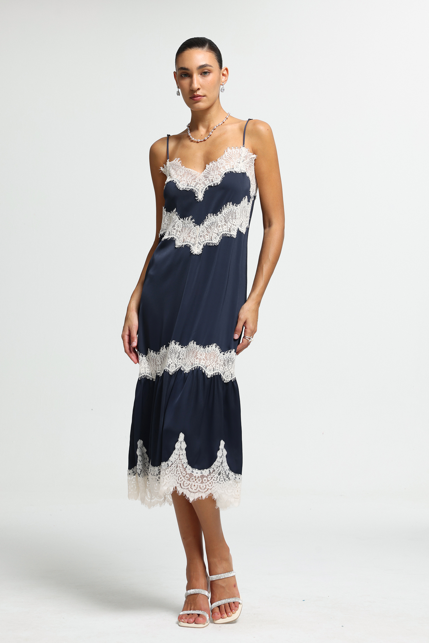 Eyelash Lace Satin Cami Midi Dress