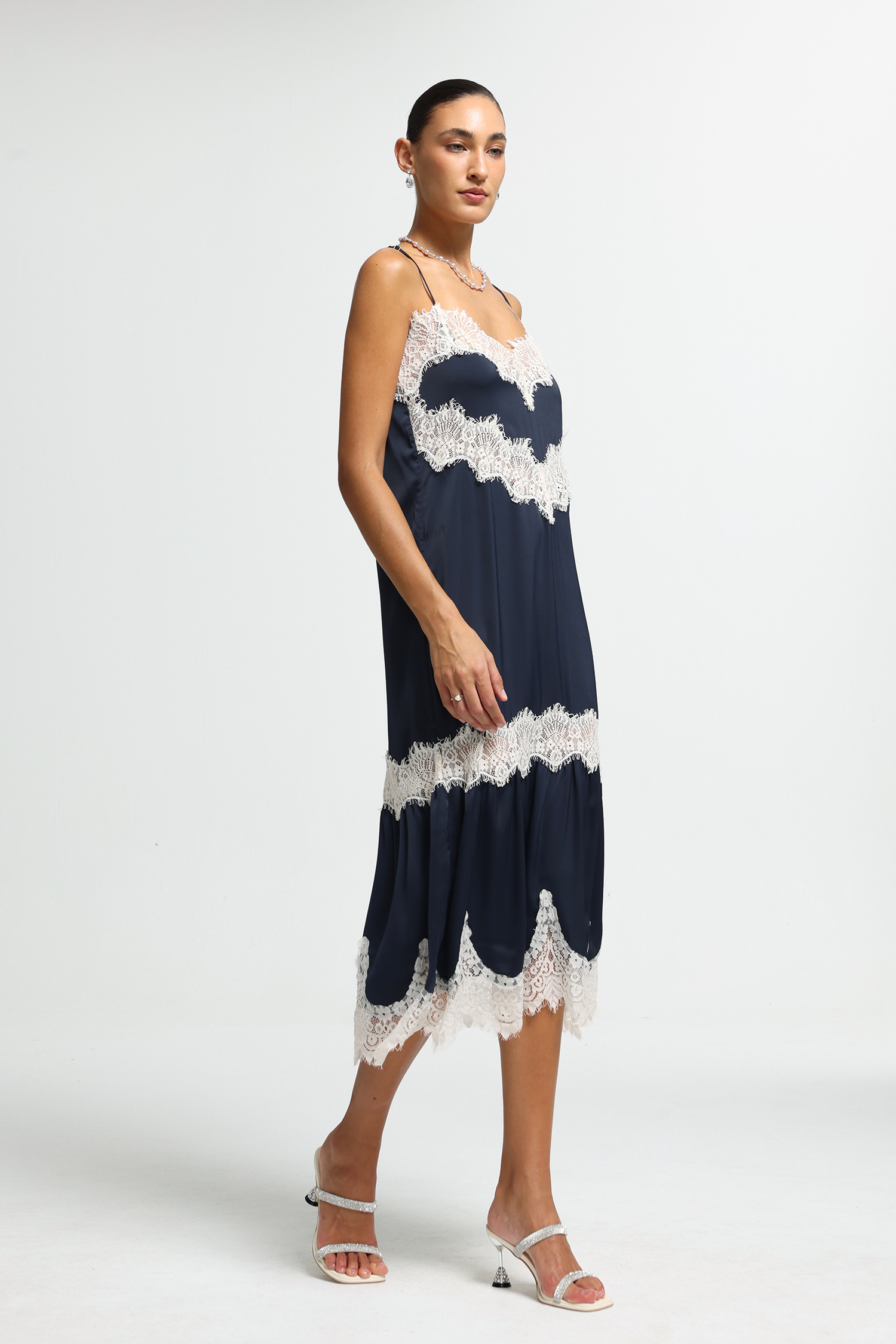 Eyelash Lace Satin Cami Midi Dress