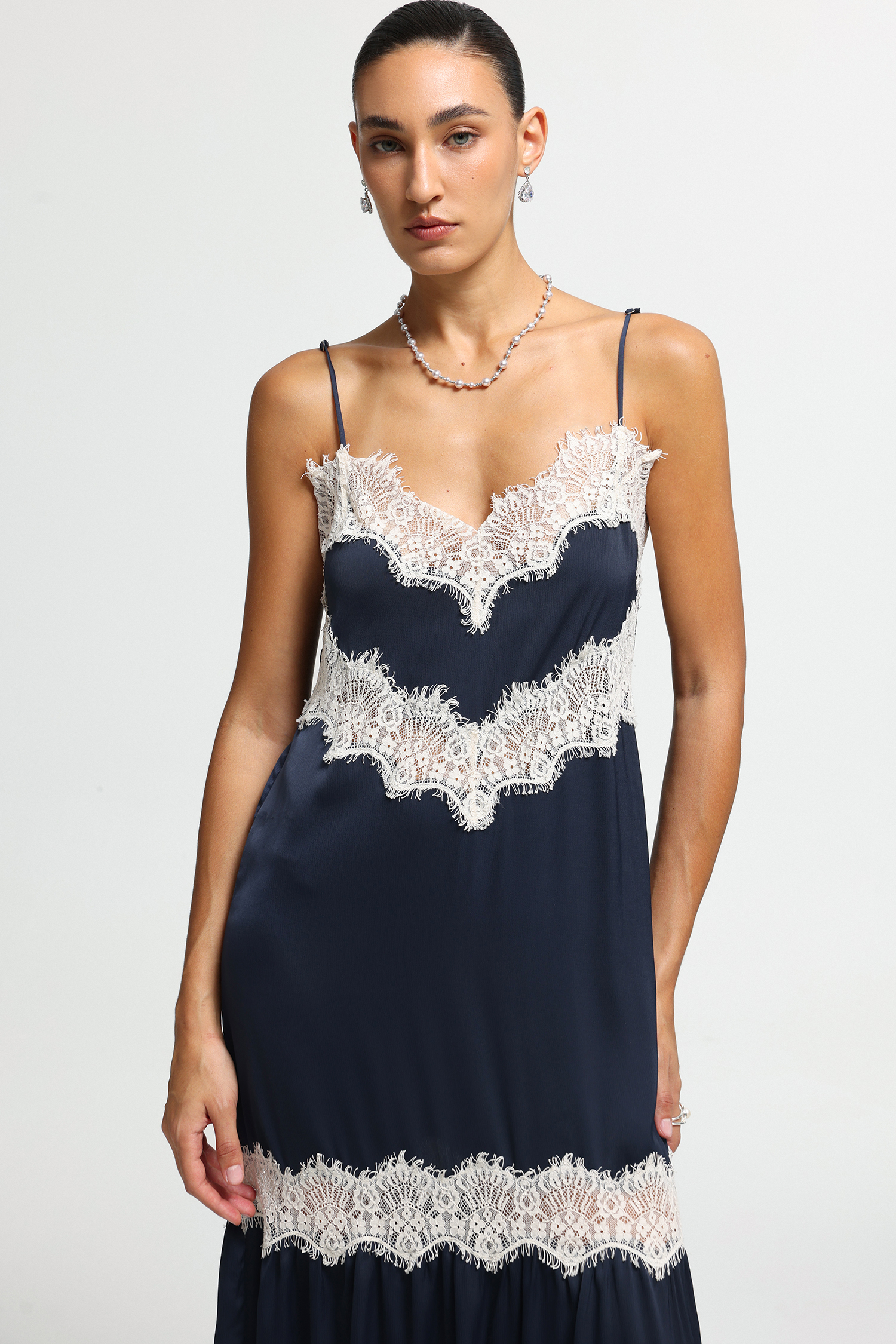 Eyelash Lace Satin Cami Midi Dress