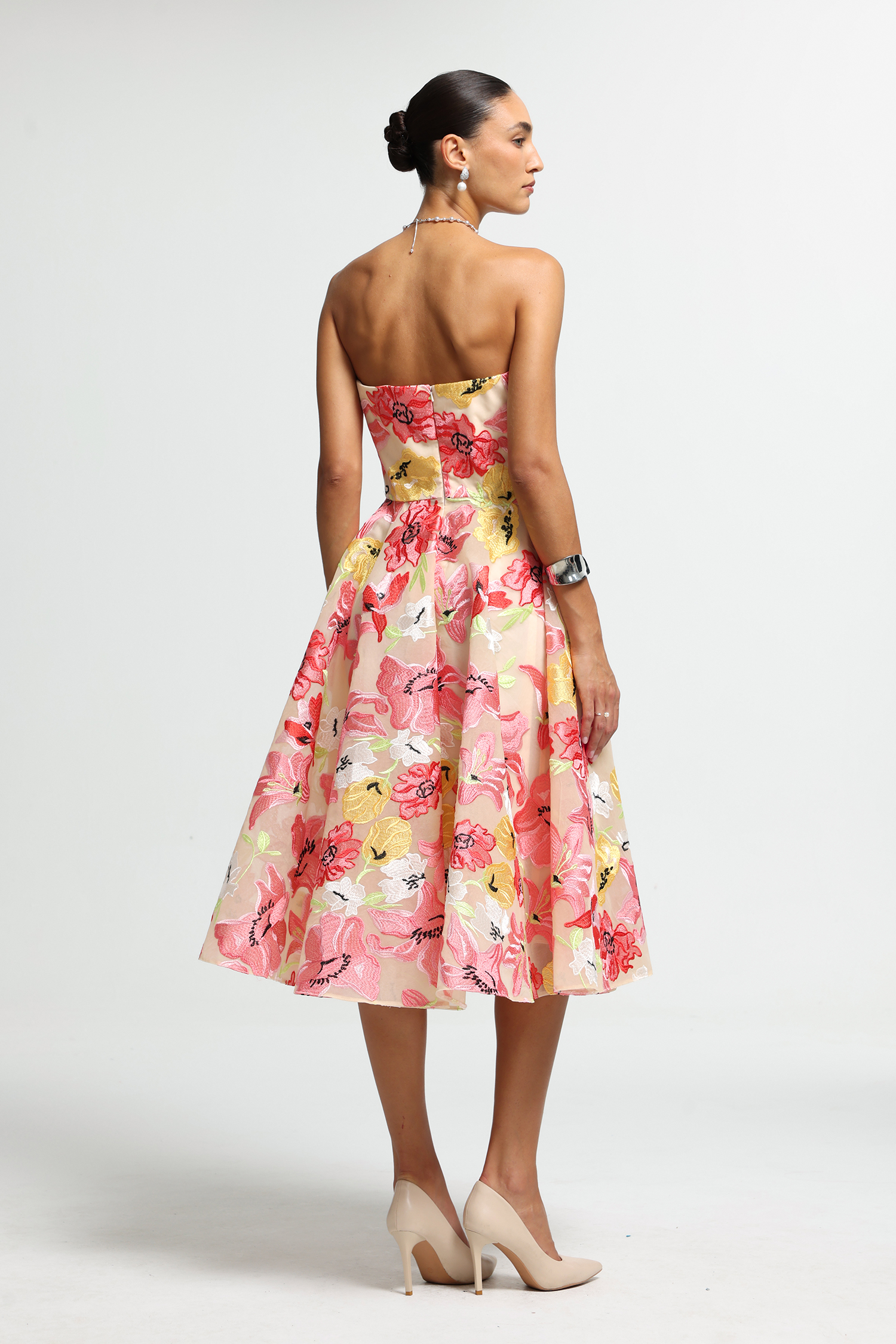 Strapless Sweetheart Floral Embroidered Midi Dress