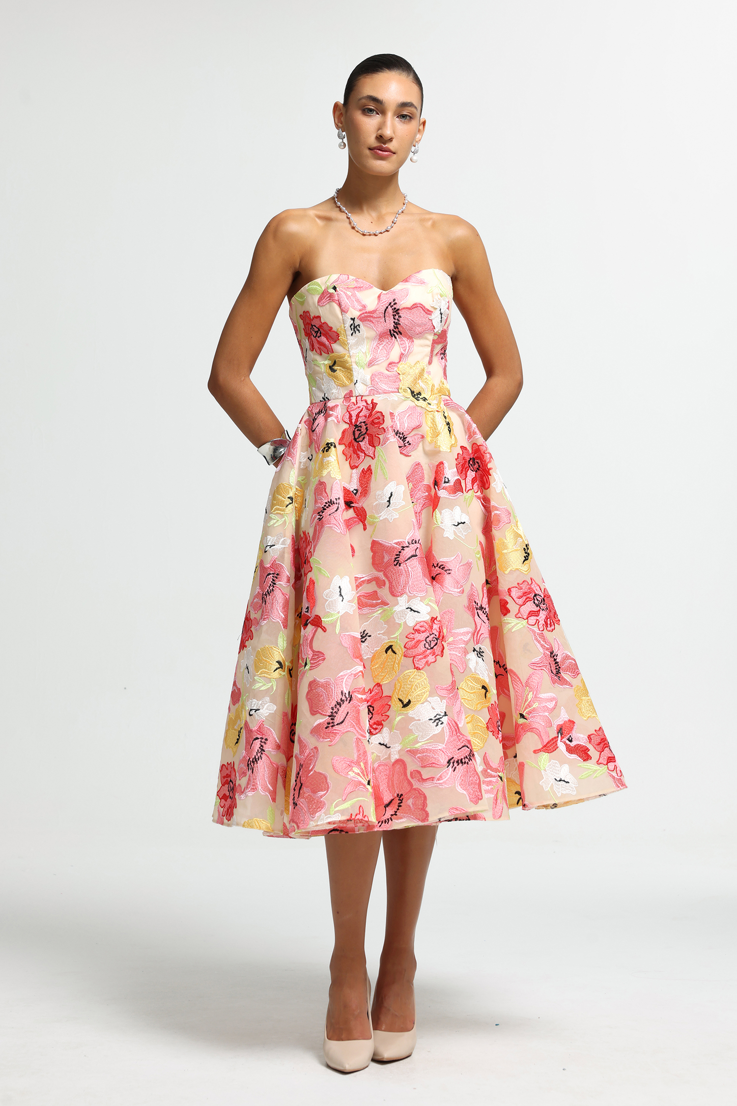 Strapless Sweetheart Floral Embroidered Midi Dress
