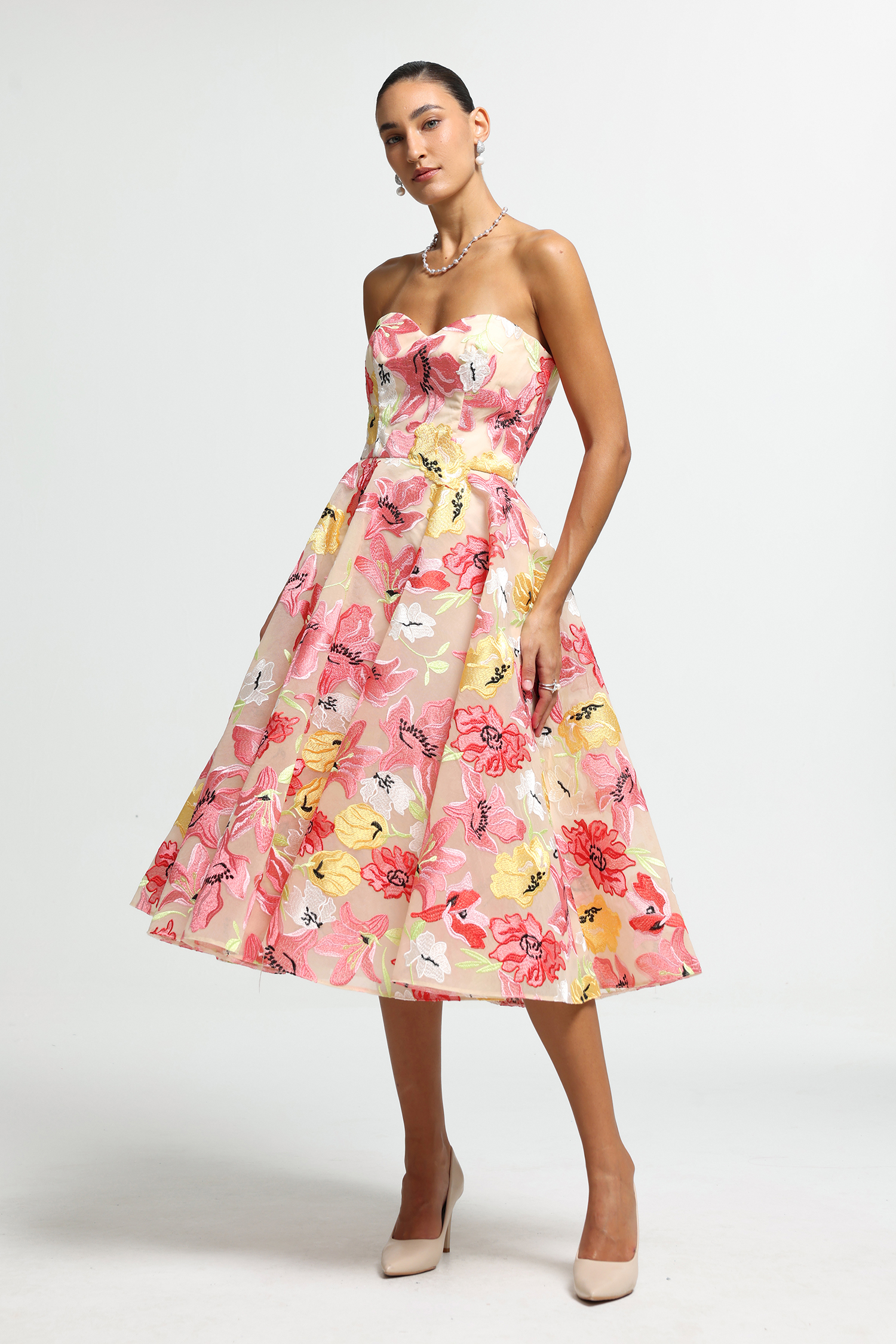 Strapless Sweetheart Floral Embroidered Midi Dress