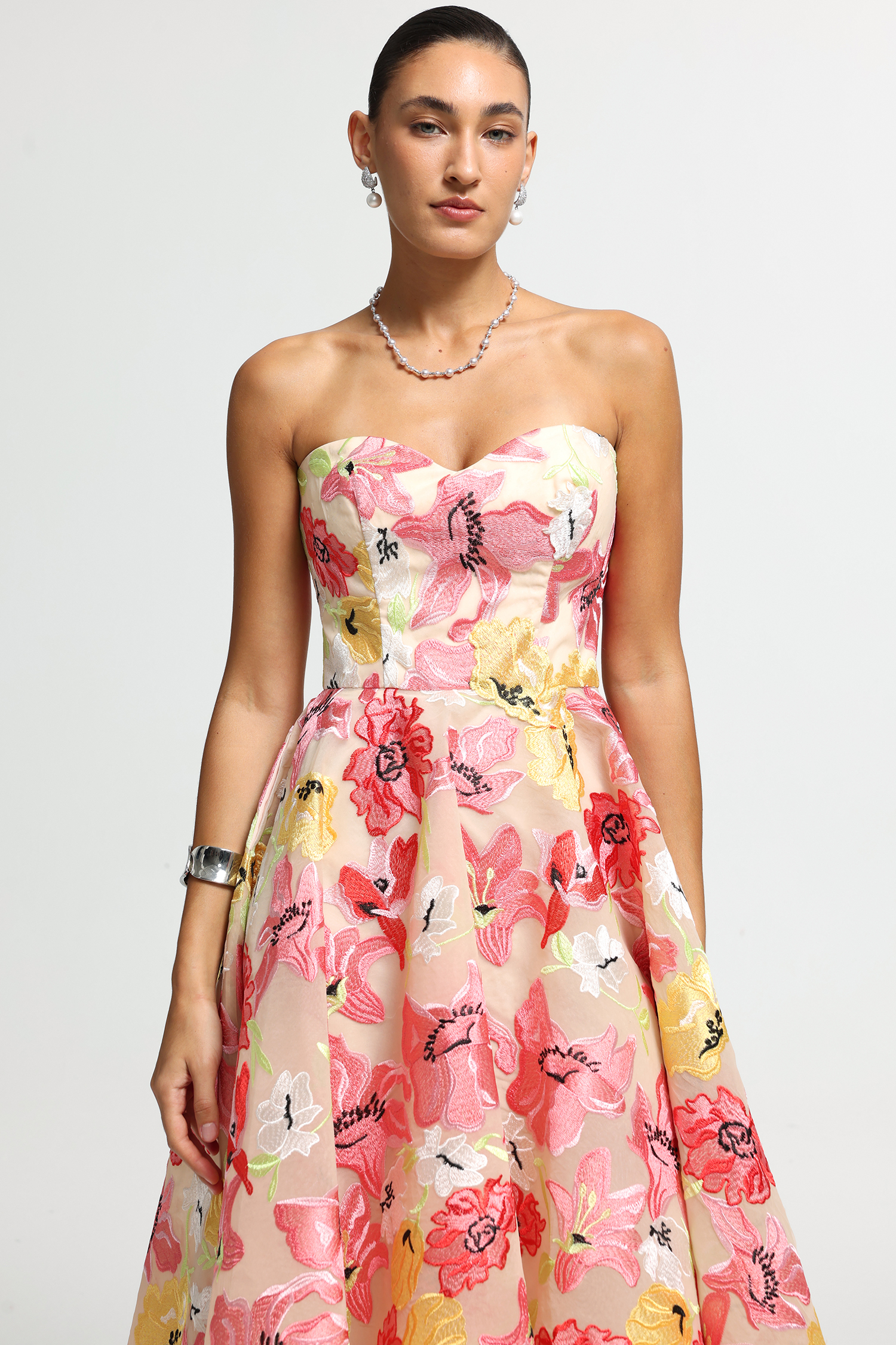 Strapless Sweetheart Floral Embroidered Midi Dress