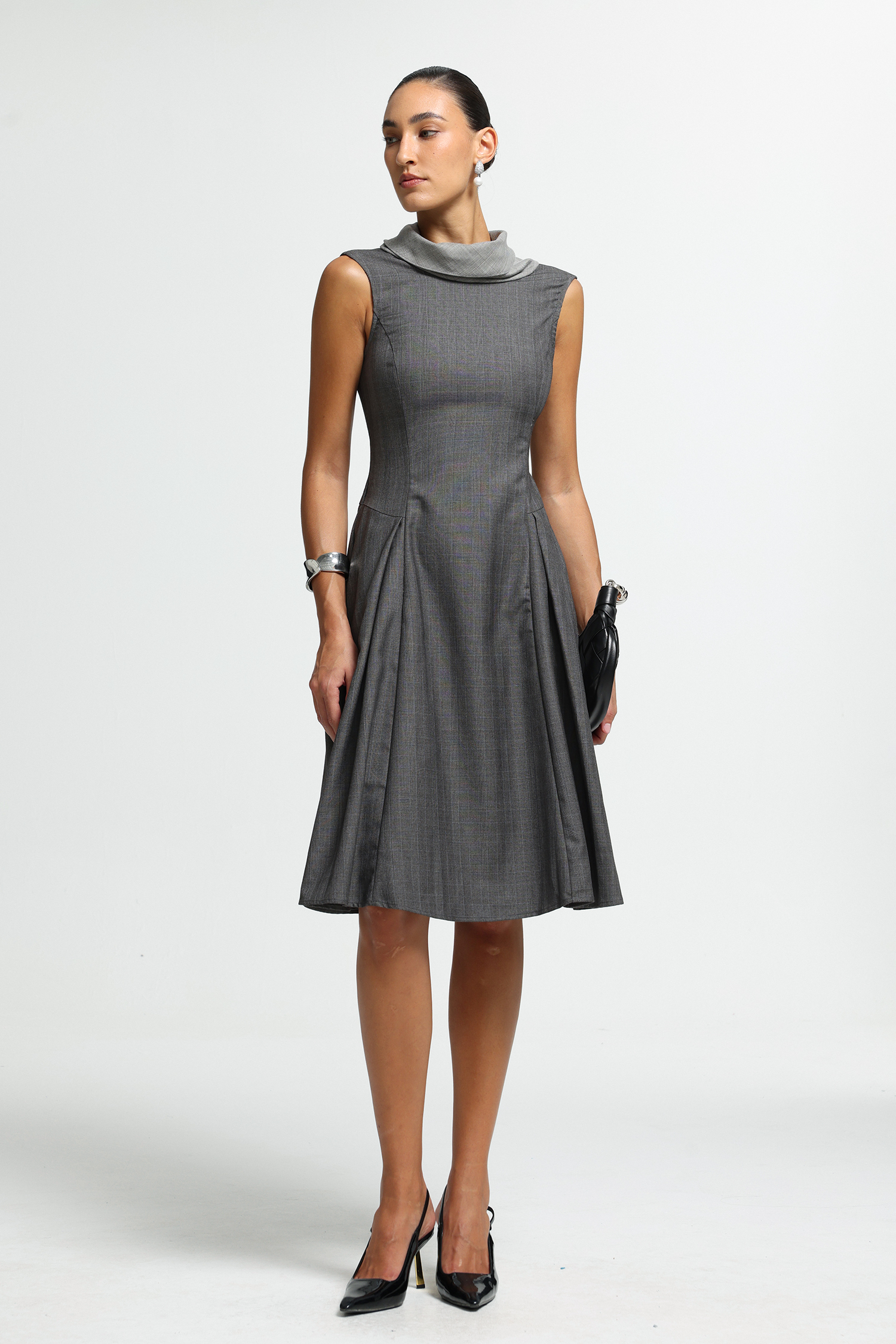 Draped Scarf Pleated Midi Dress
