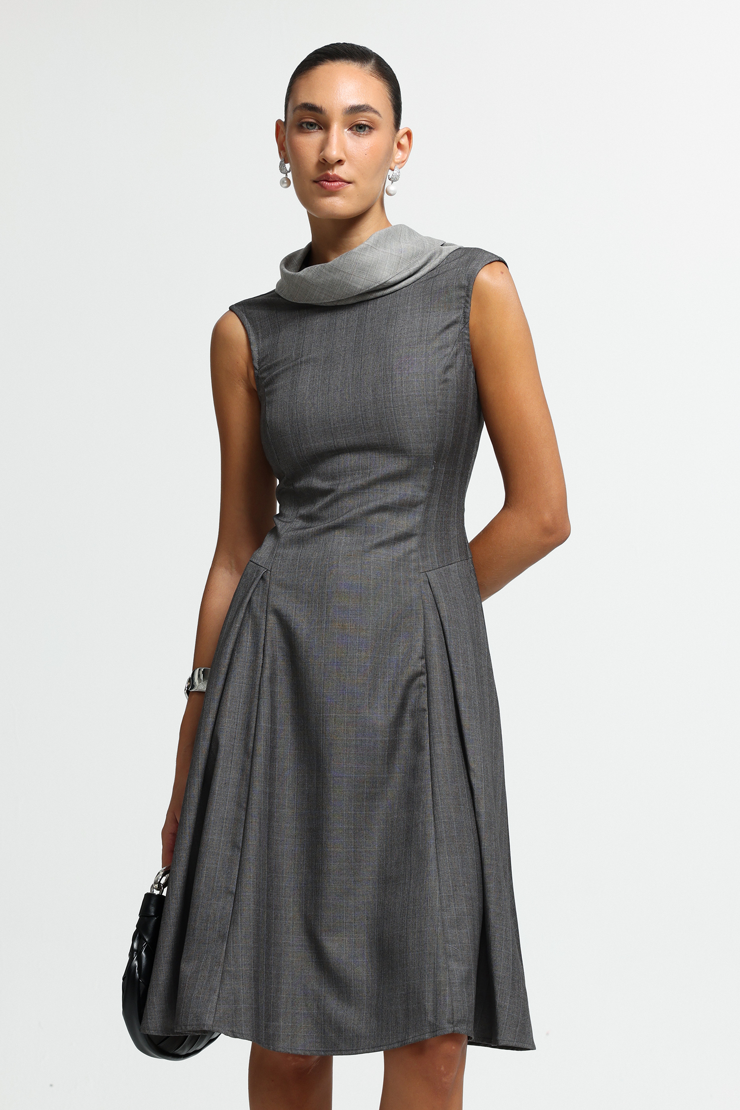 Draped Scarf Pleated Midi Dress
