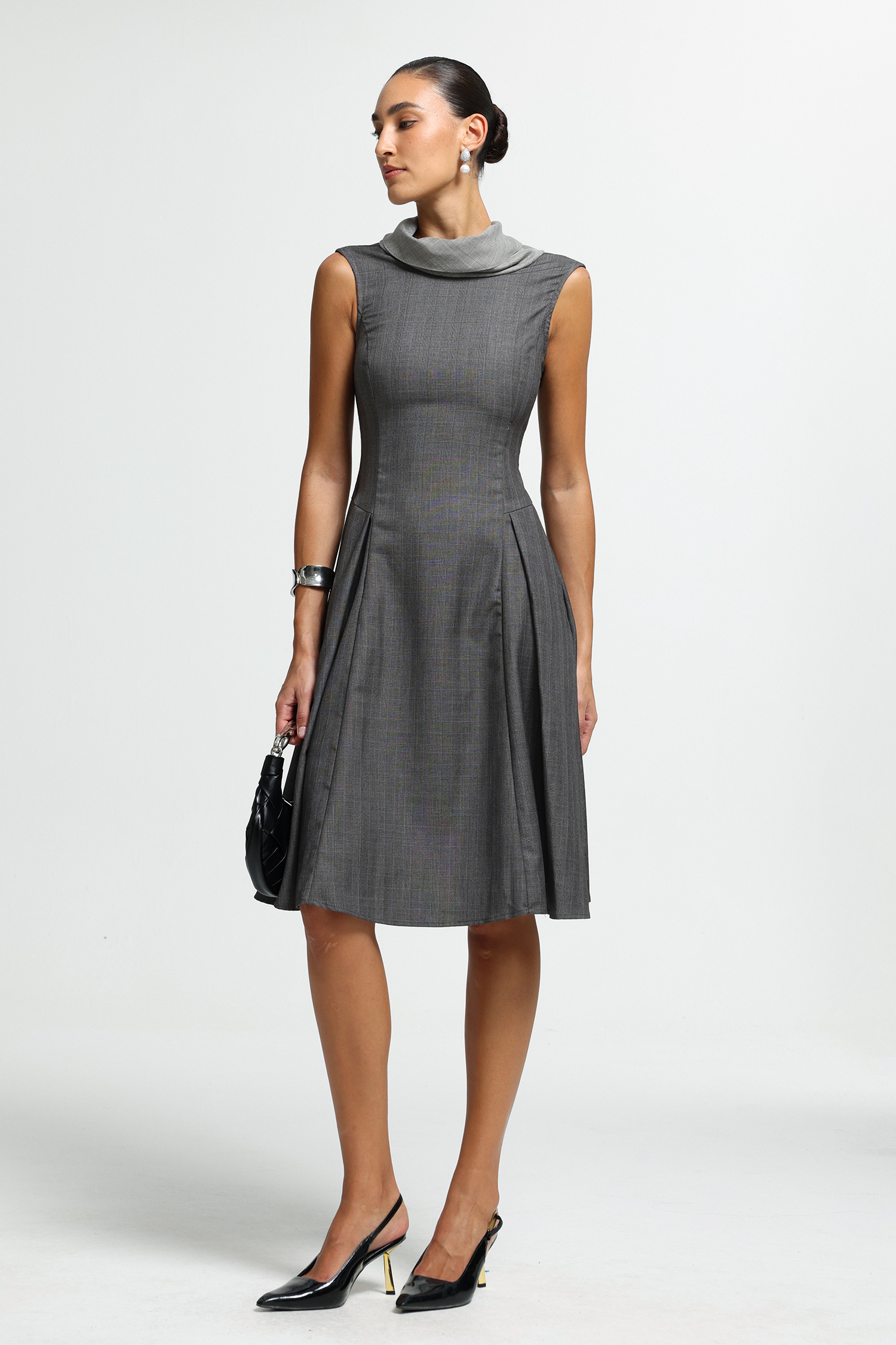 Draped Scarf Pleated Midi Dress