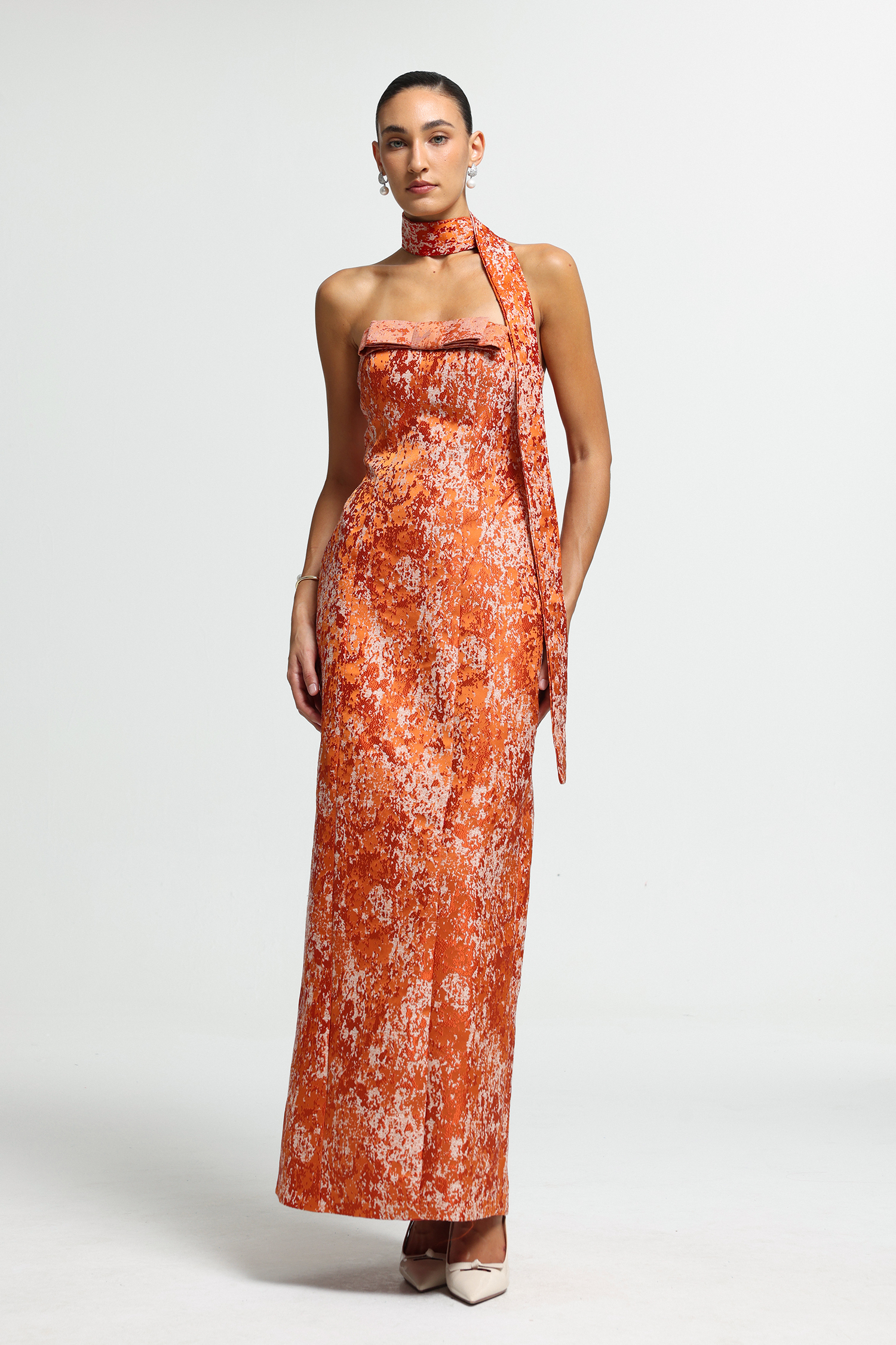 Strapless Scarf-Tie Corset Maxi Dress