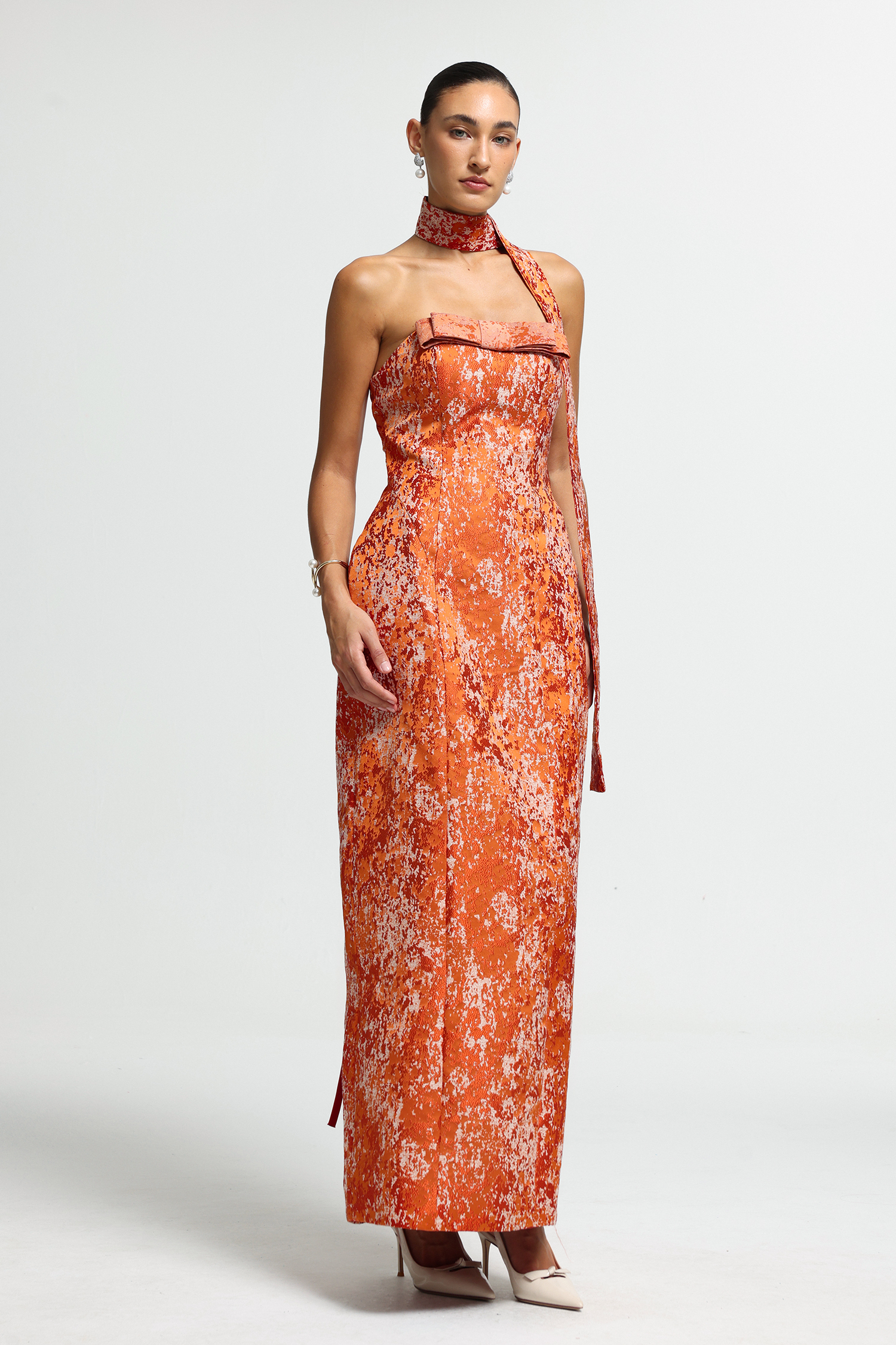 Strapless Scarf-Tie Corset Maxi Dress
