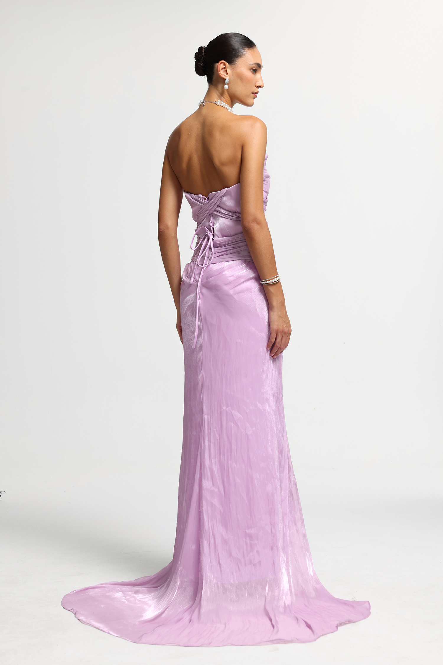 Strapless Ruched Tie-Waist Gown