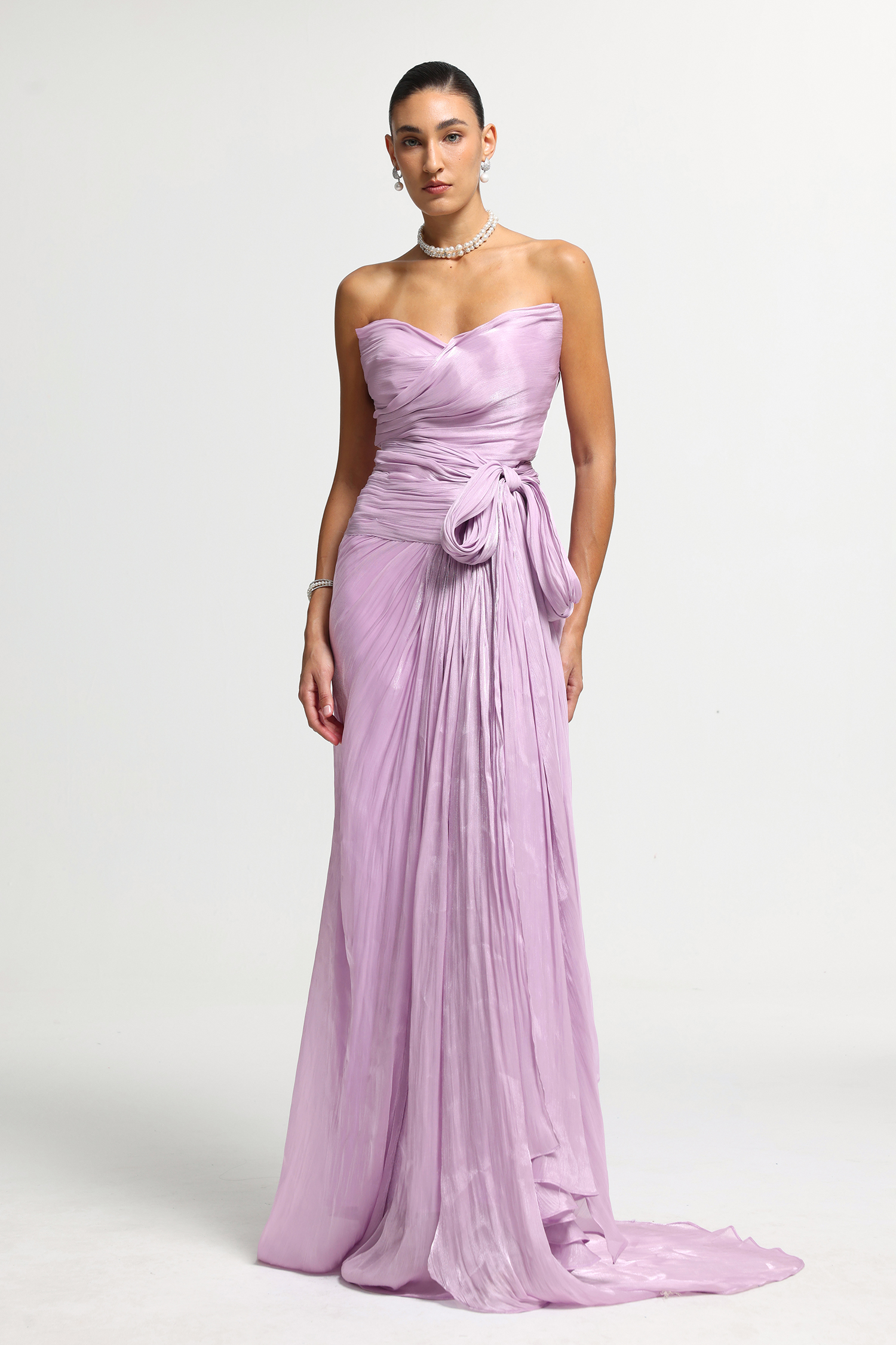 Strapless Ruched Tie-Waist Gown