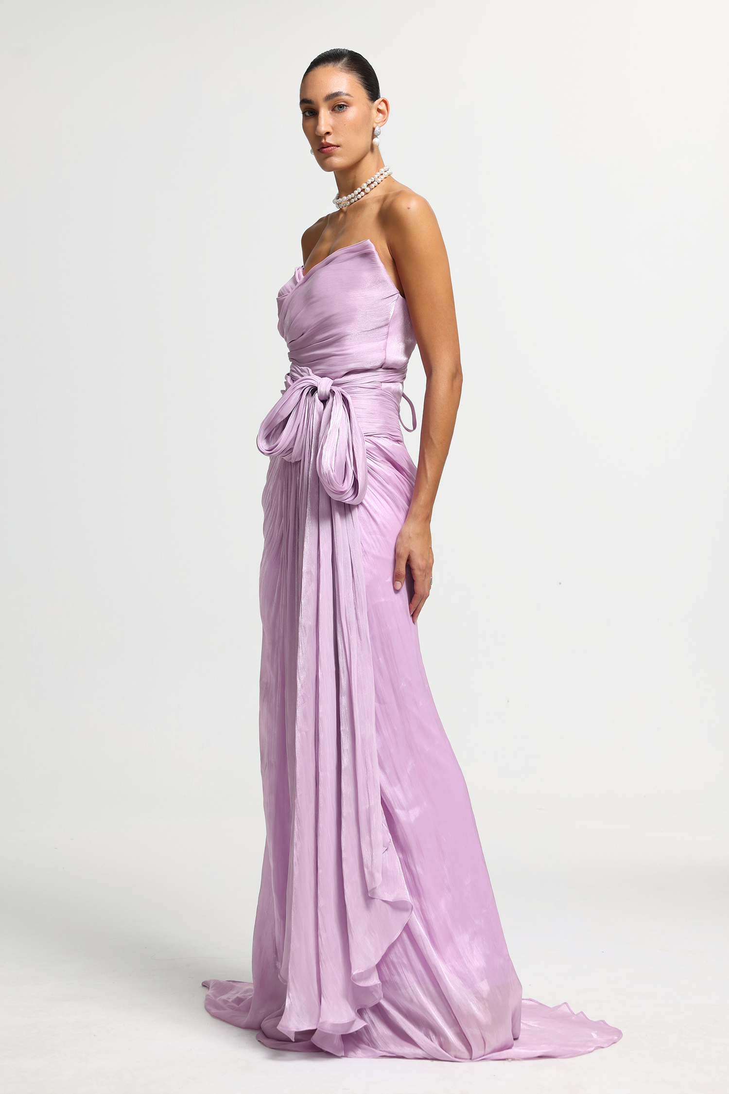 Strapless Ruched Tie-Waist Gown