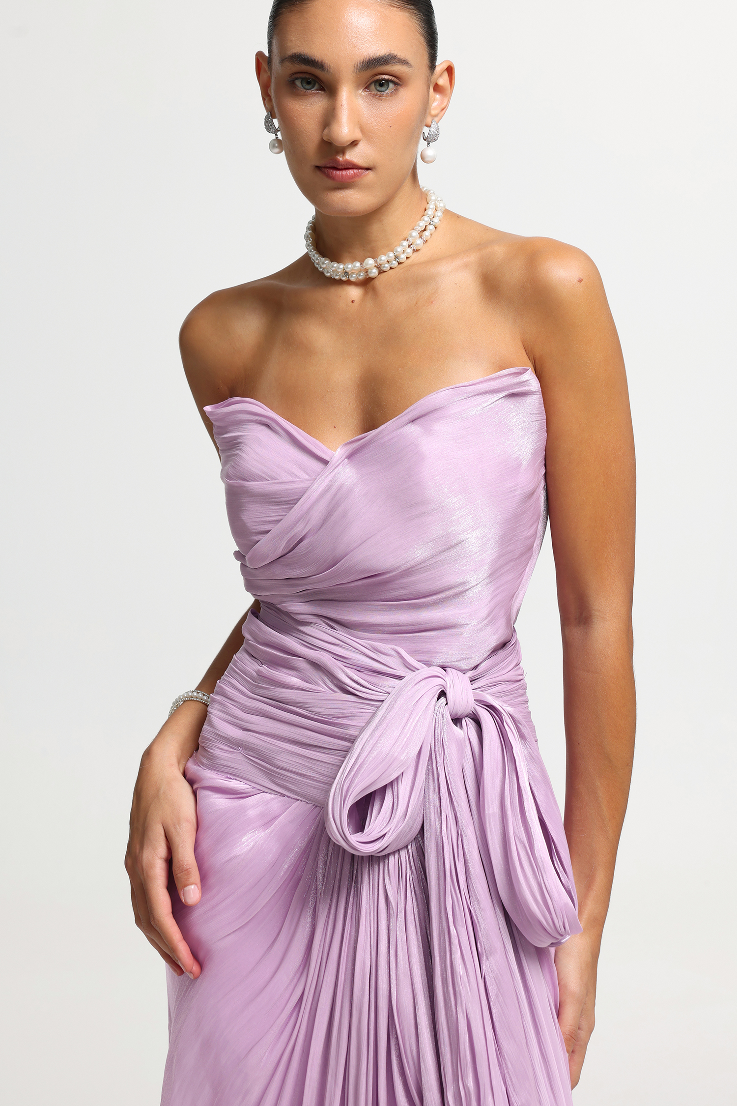 Strapless Ruched Tie-Waist Gown