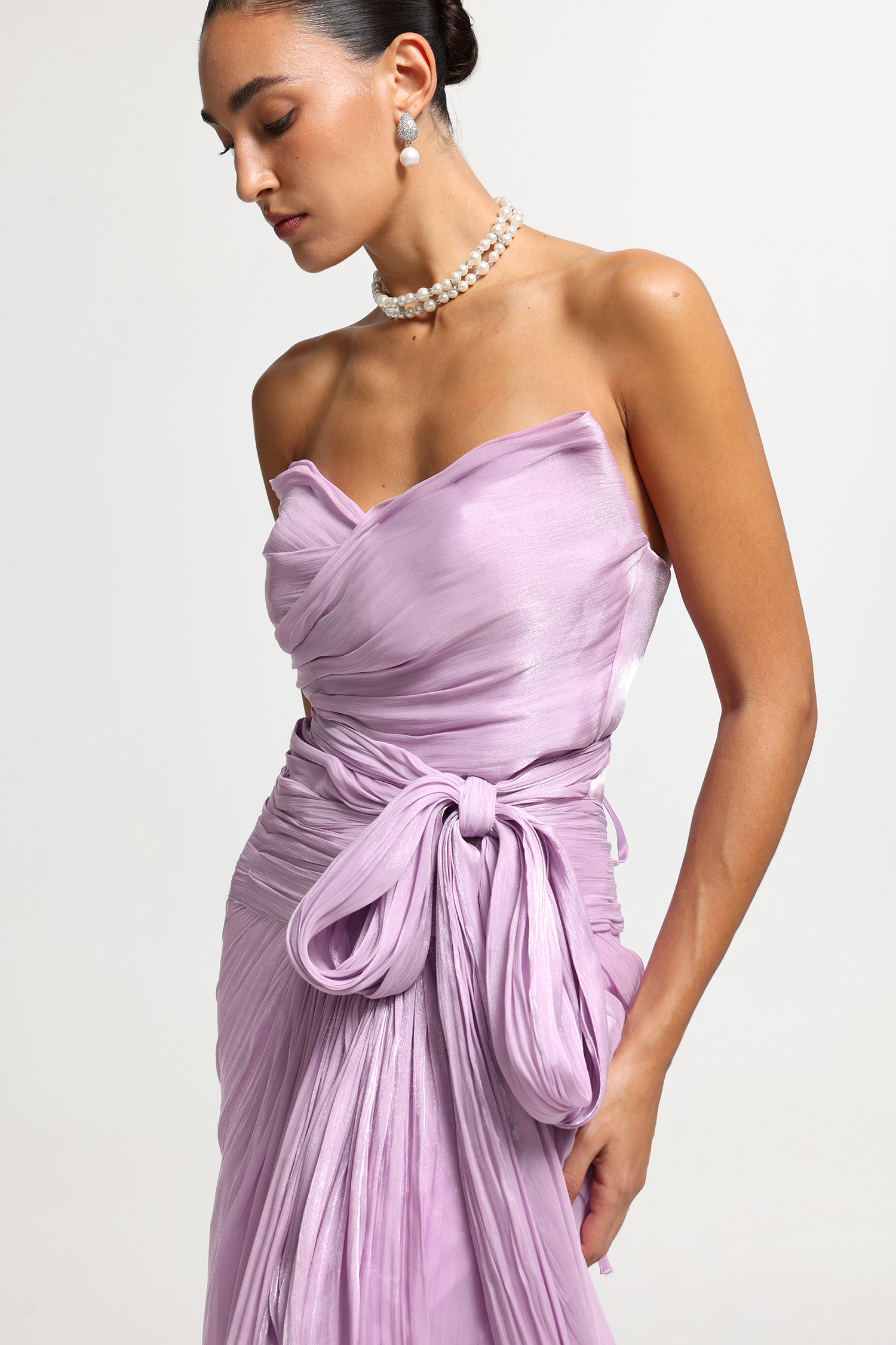 Strapless Ruched Tie-Waist Gown