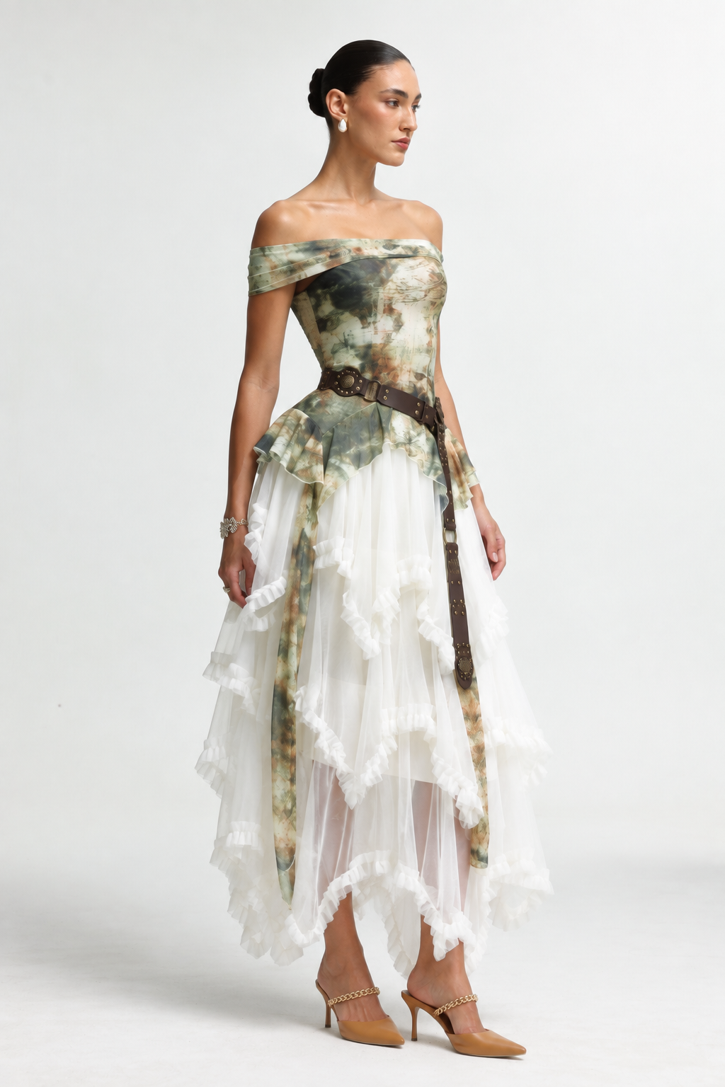 Zuly Bohemian Flowy Off Shoulder Tiered Ruffle Tulle Top and Skirt Two Piece Set