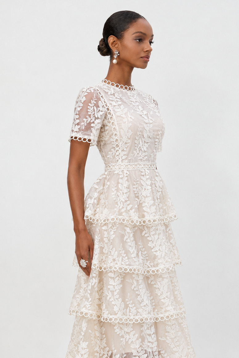 Yedda Resort Flowy Round Neck Short Sleeve Floral Embroidered Woven Maxi Dress