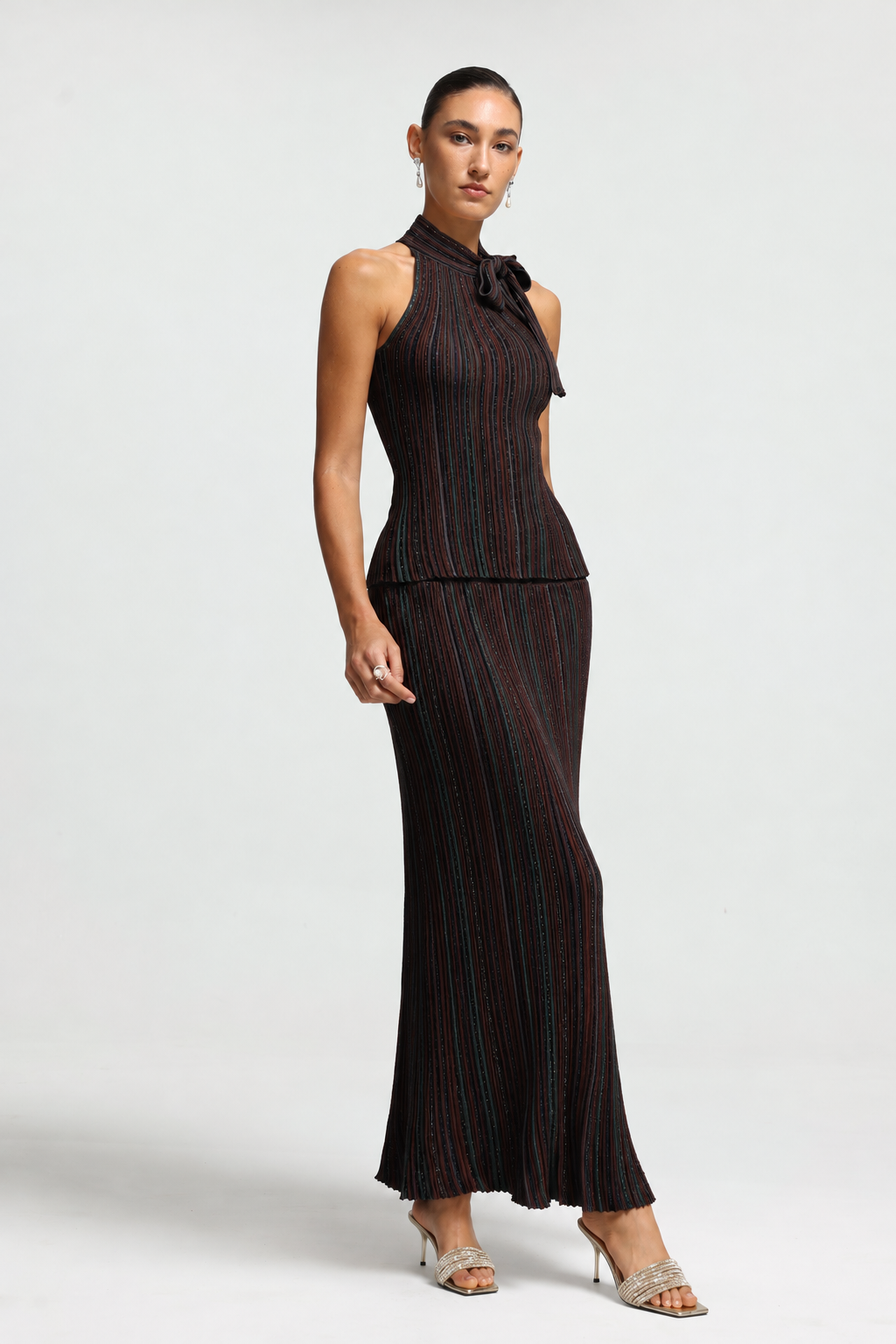 Ursula Vertical Contour Sleeveless Bowvertical Stripes Knit Top and Skirt Two Piece Set
