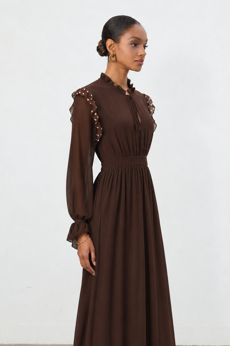Huresa Vintage Flowy Long Sleeve Polka Dot Ruffle Woven Maxi Dress