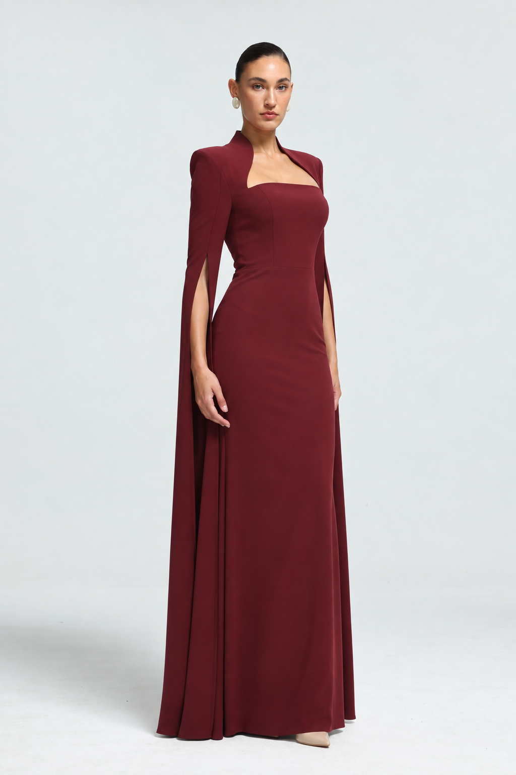 Werko Elegant Tailored Square Neck Cape Sleeve Woven Maxi Dress