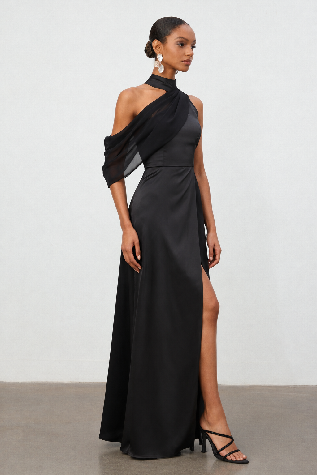 Kailani Chic Flowy High Neck One Shoulder Pleated High Slit Satin Black Maxi Dress