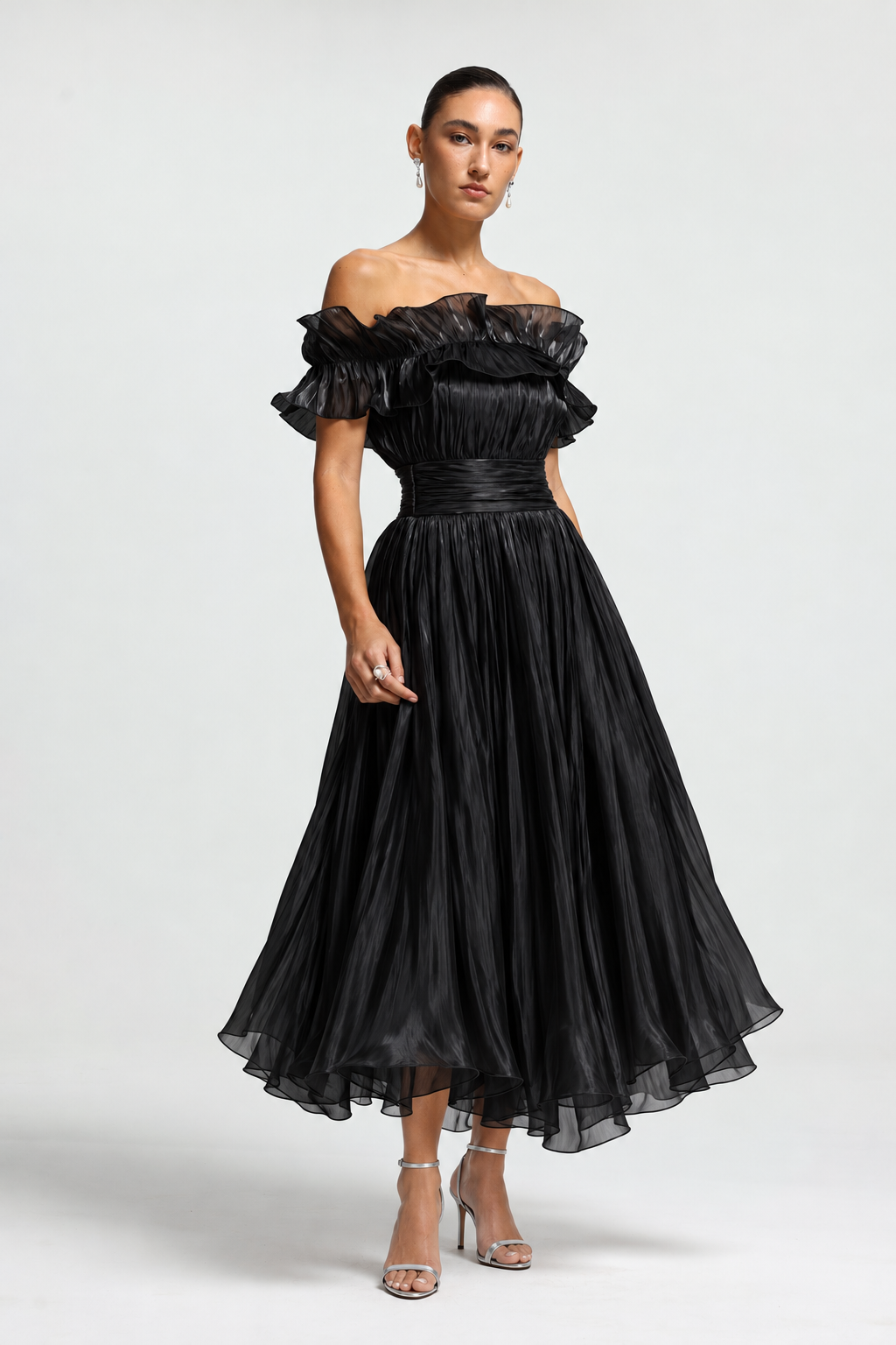Suku Elegant Flowy Off Shoulder Ruched Black Maxi Dress