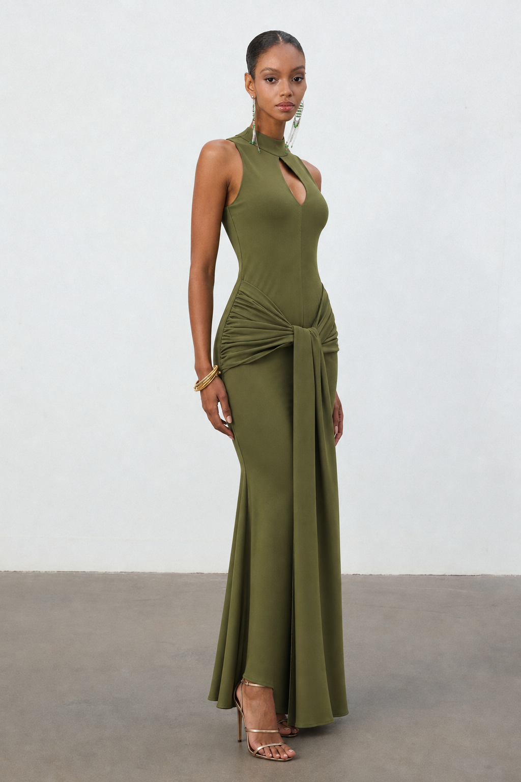 Sukia Chic Form-Fitting High Neck Cutout Draped Tie Sleeveless Mermaid Maxi Dress