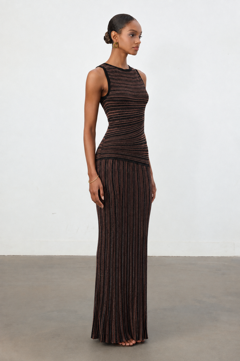 Katja Romantic Contour Round Neck Sleeveless Striped Knit Top and Skirt Two Piece Set