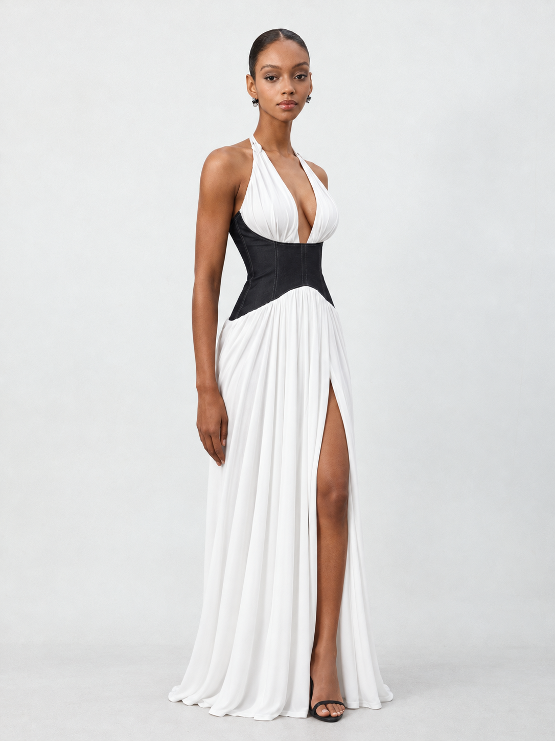 Siayh Modern Halter V Neck Color Block Maxi Dress