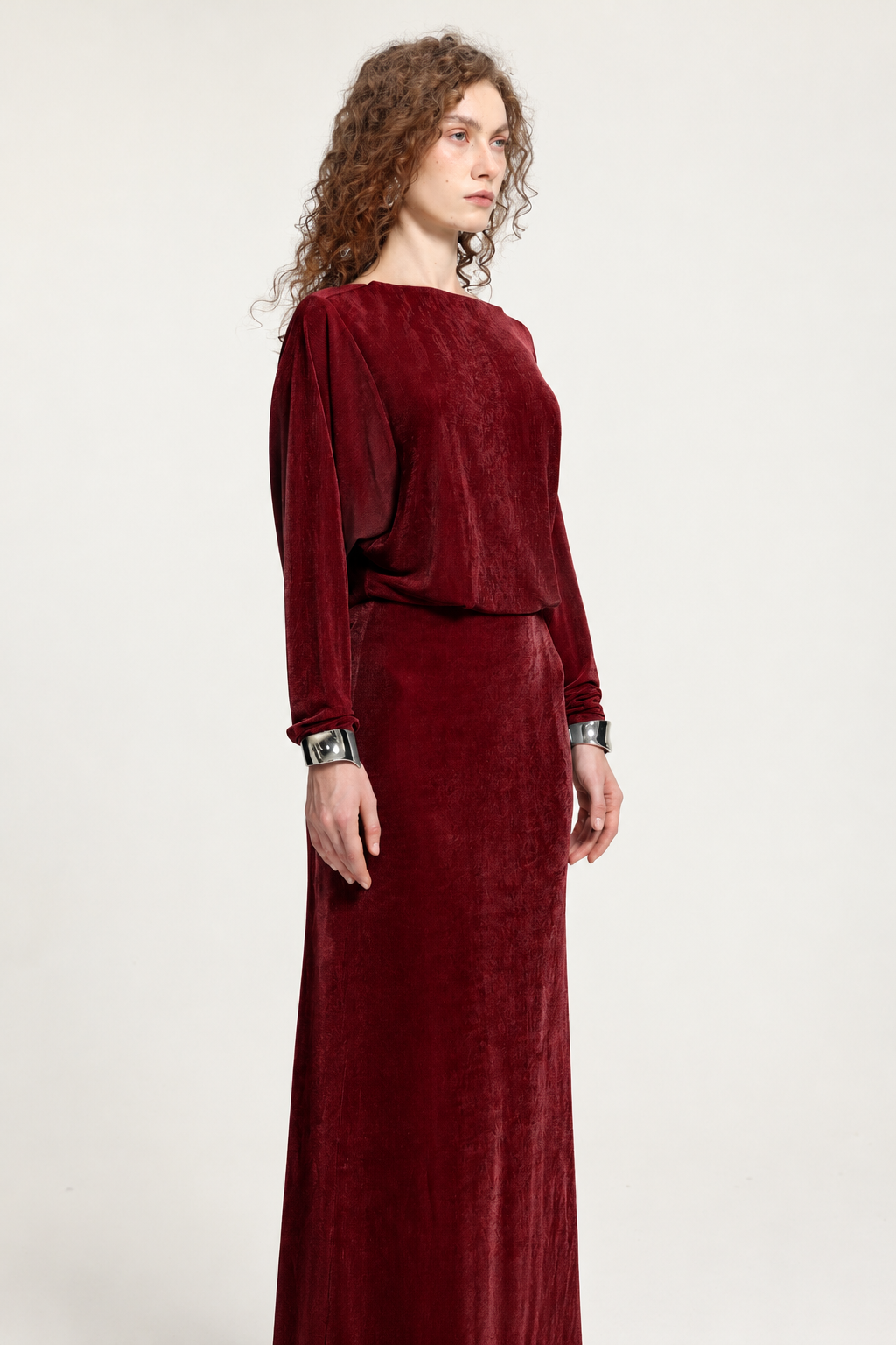 Burgundy Boat Neck Dolman Sleeve Open-Back Maxi Dress