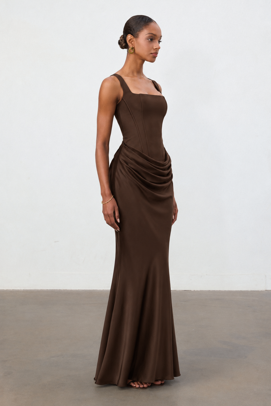 Winey Elegant Cinching Waist Square Neck Thin Strap Boned Fitted Draped Ruched Satin Mermaid Brown Maxi Dress