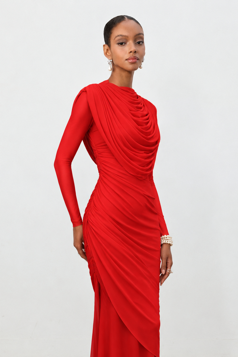 Kale Elegant Cinched Waist Long Sleeve Ruched Mermaid Woven Maxi Dress