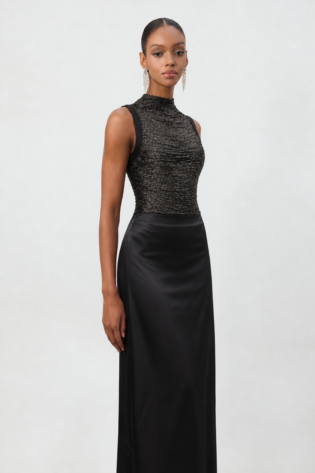 Halasa Stylish Sleeveless Fringe Top Satin Midi Skirt Woven Two Piece Set
