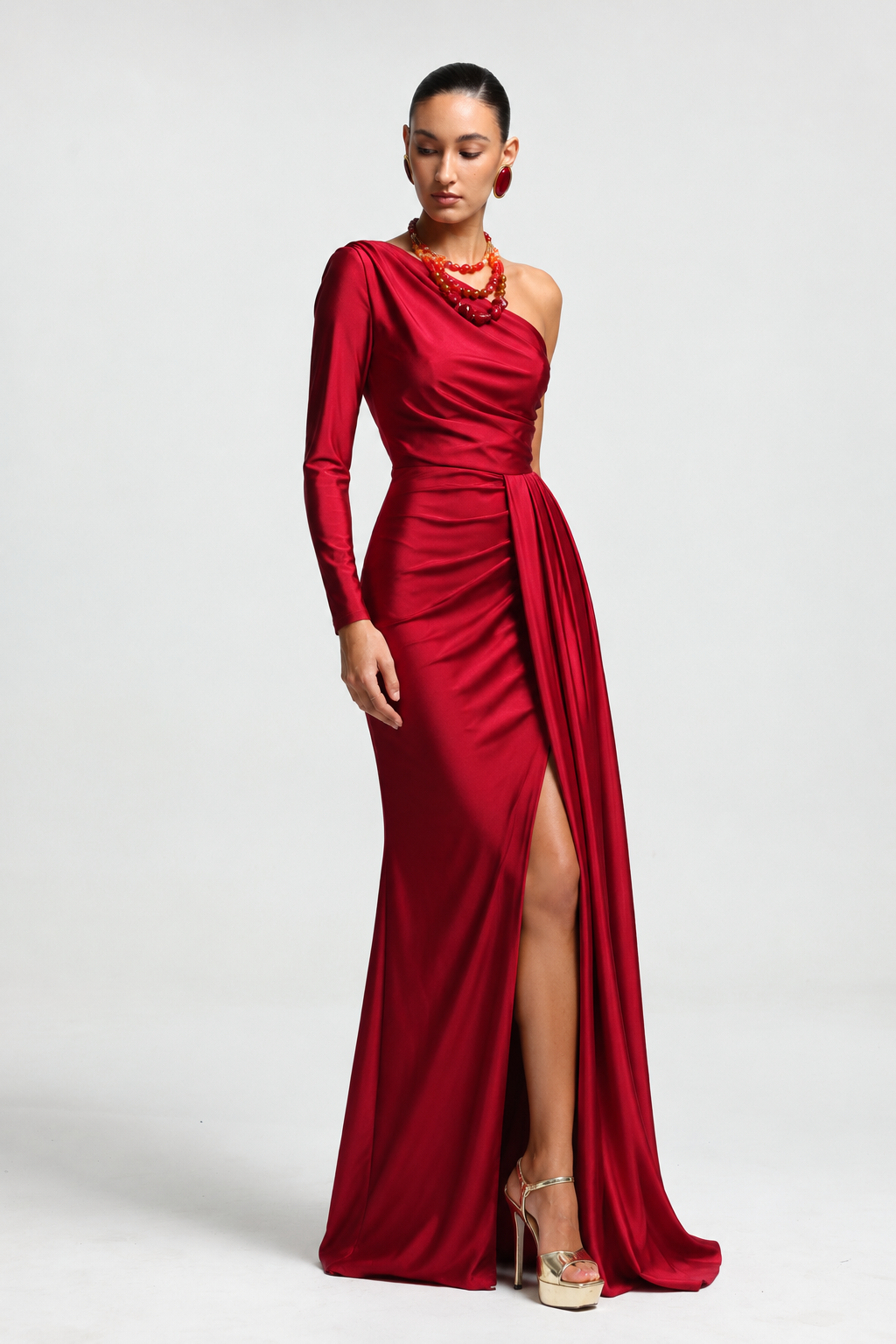 Piaka Elegant Contour One Shoulder Long Sleeve Ruched Sash Maxi Dress