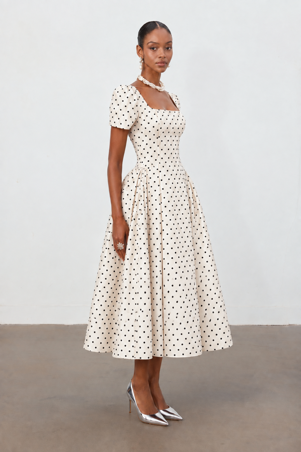 Shirley Elegant Tailored Short Sleeve Polka Dot Woven Maxi Dress