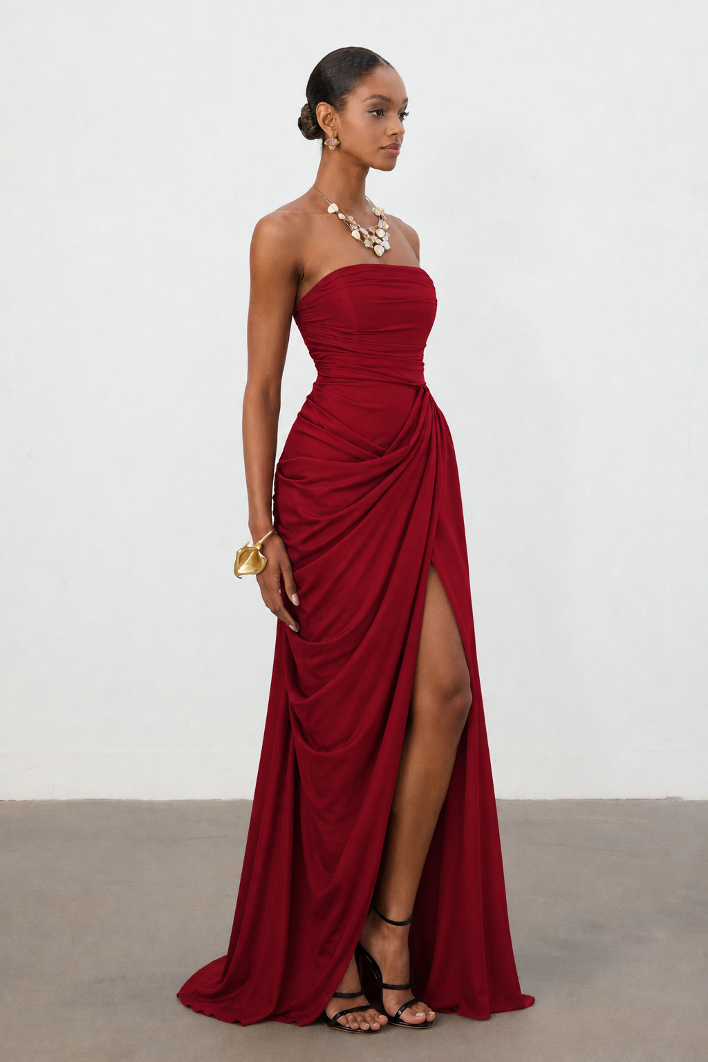 Tazeda Elegant Contour Strapless Ruched Mesh Red Maxi Dress