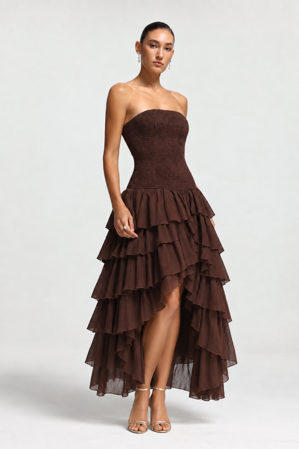 Orisy Vacation Strapless Shirred Tiered Ruffle Maxi Dress