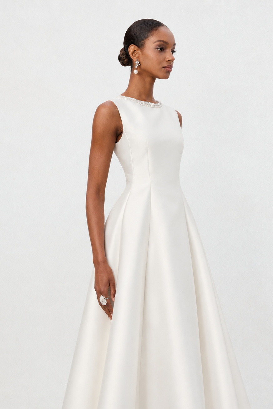 Velma Minimalist Cinched-Waist Sleeveless Pearl Rhinestone A-Line Maxi Dress