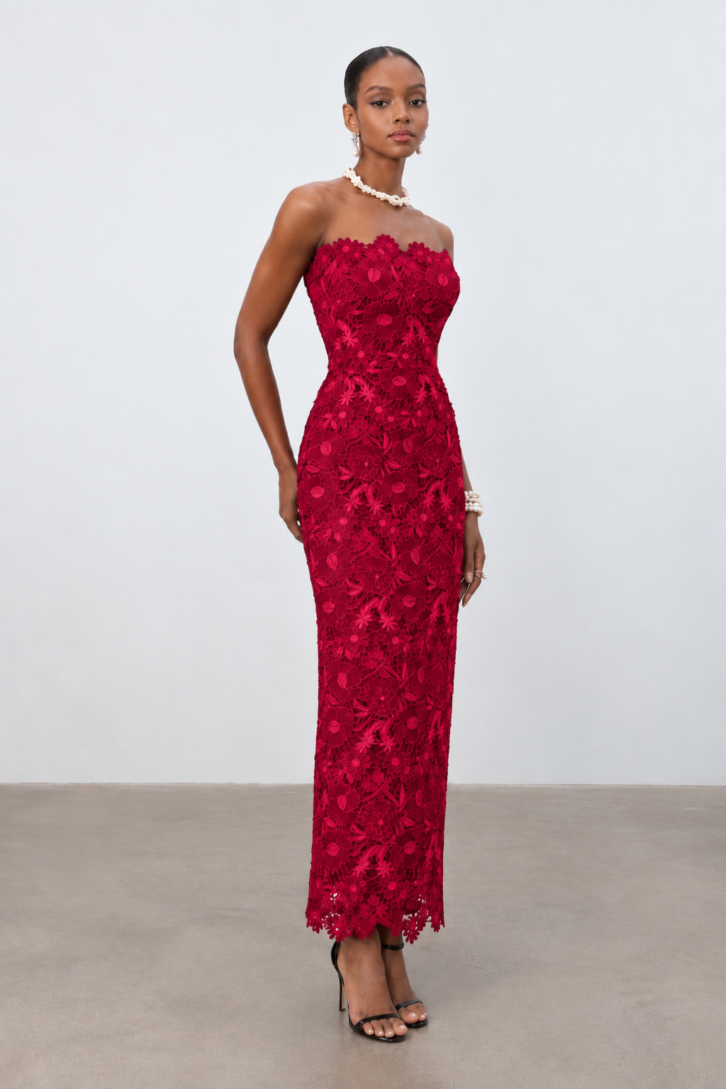 Ruby Red Floral Lace Strapless Column Midi Dress