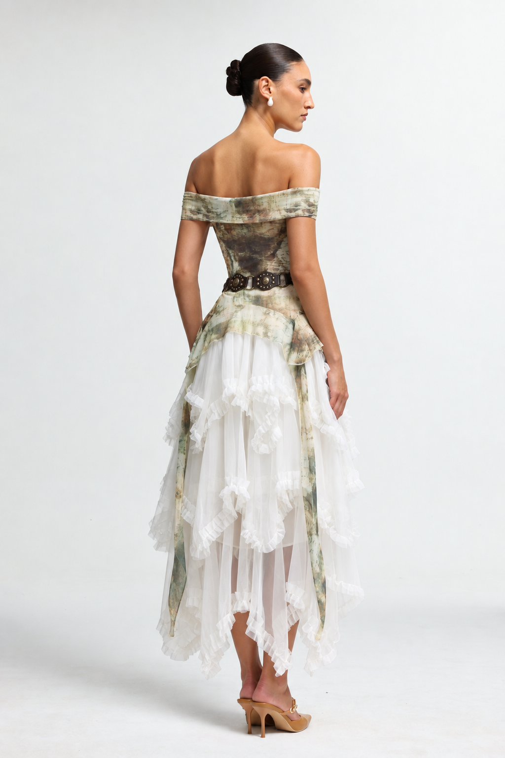 Zuly Bohemian Flowy Off Shoulder Tiered Ruffle Tulle Top and Skirt Two Piece Set