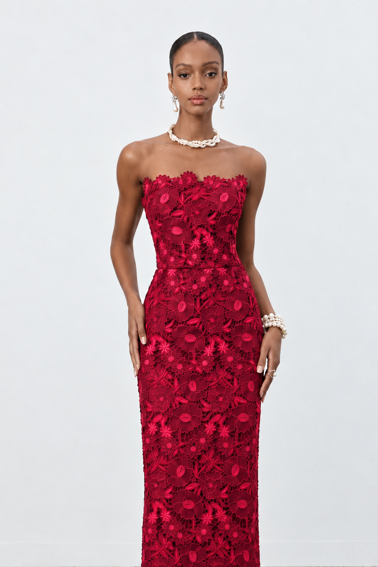 Ruby Red Floral Lace Strapless Column Midi Dress