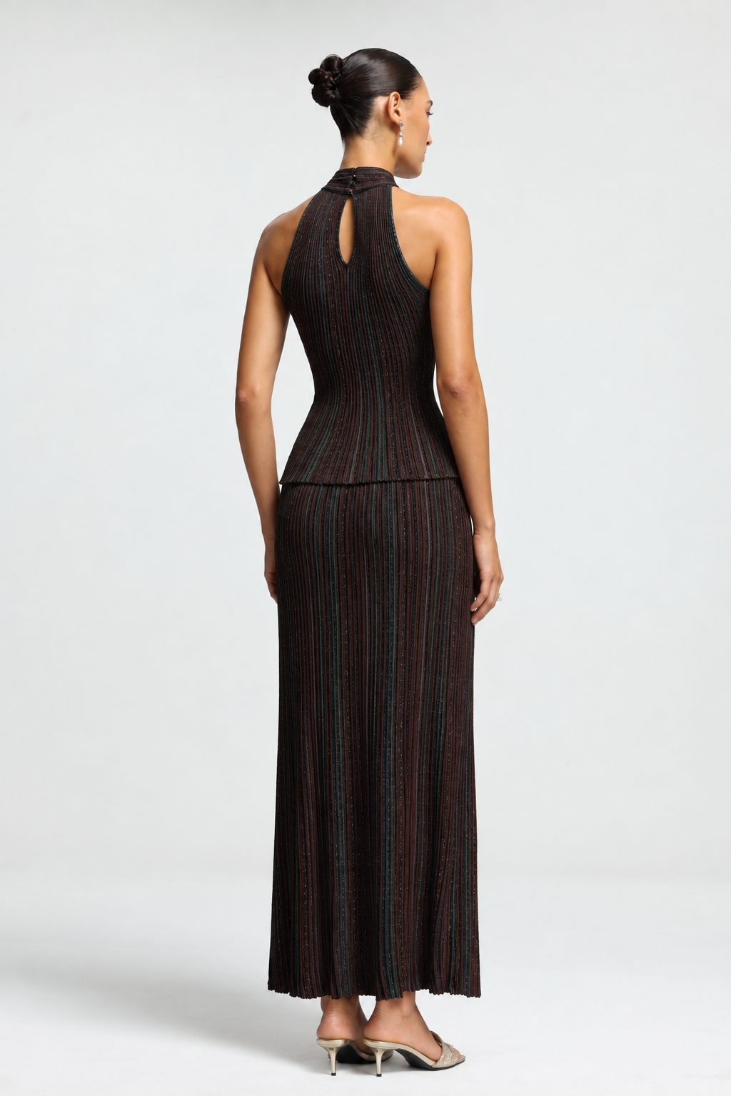 Ursula Vertical Contour Sleeveless Bowvertical Stripes Knit Top and Skirt Two Piece Set