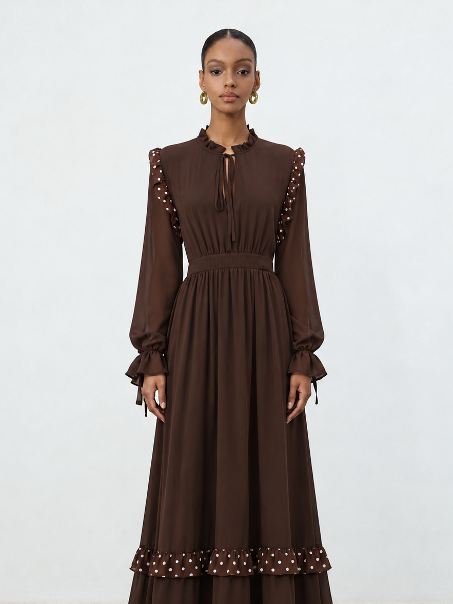 Huresa Vintage Flowy Long Sleeve Polka Dot Ruffle Woven Maxi Dress