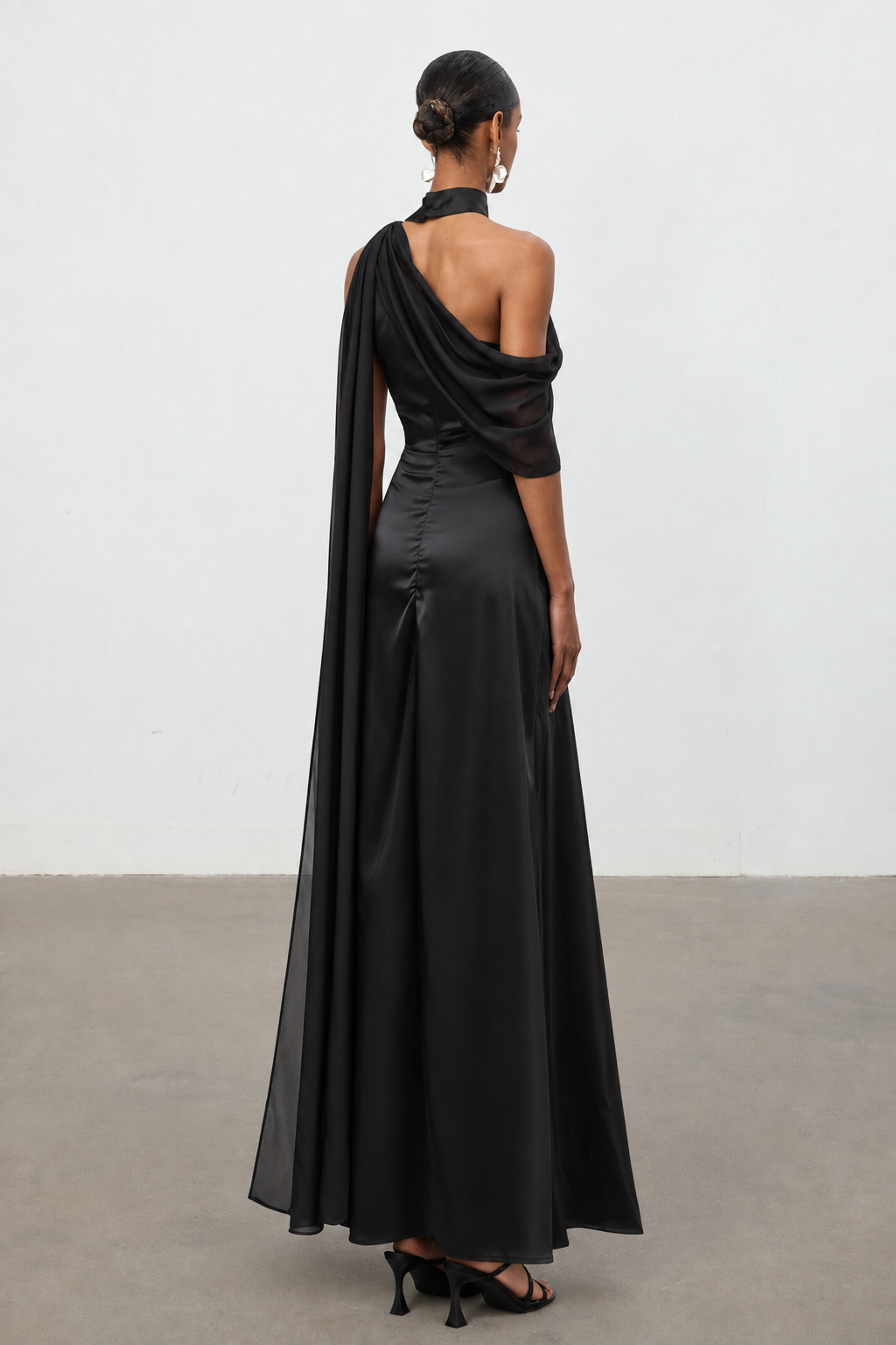 Kailani Chic Flowy High Neck One Shoulder Pleated High Slit Satin Black Maxi Dress