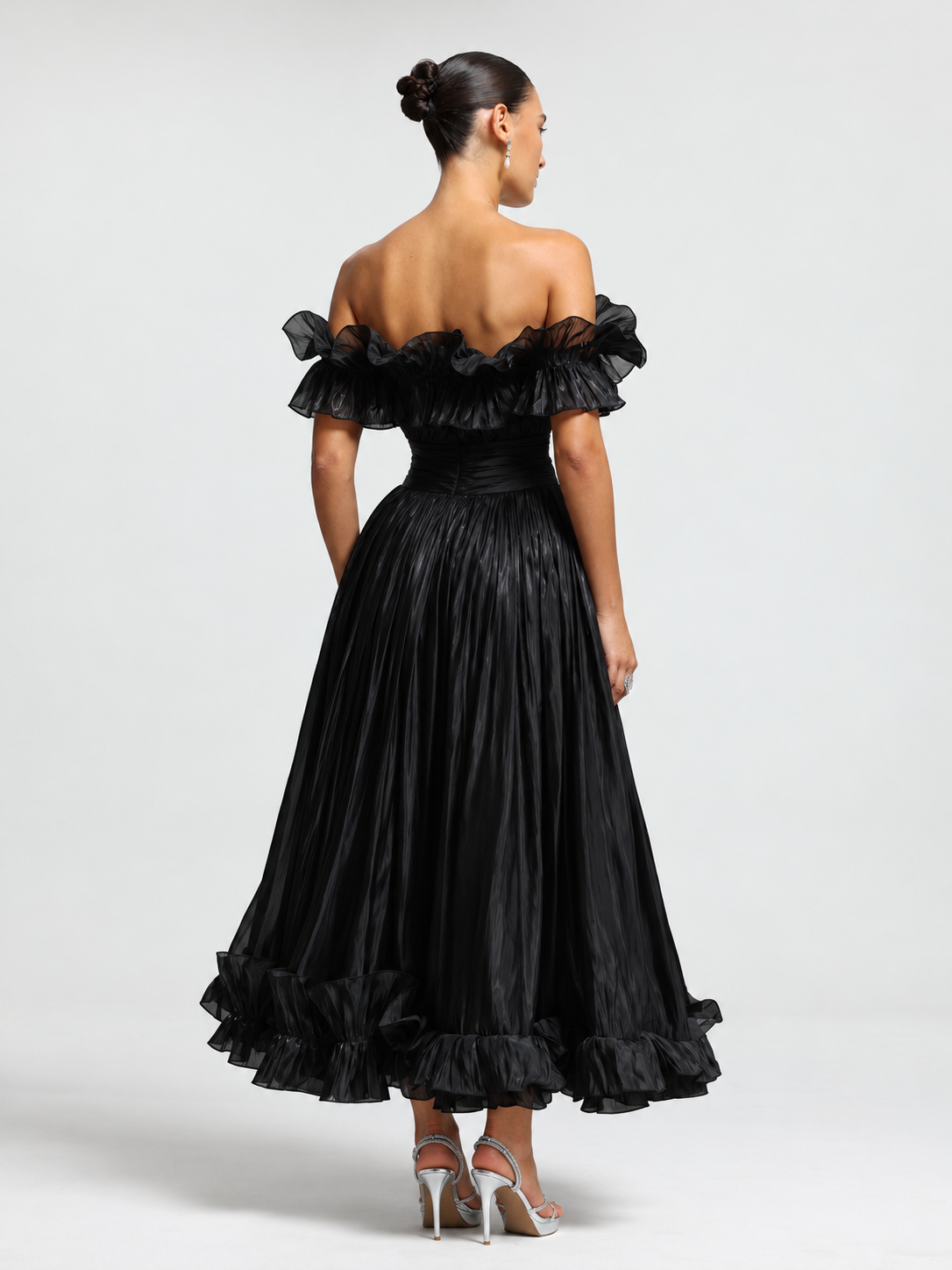 Suku Elegant Flowy Off Shoulder Ruched Black Maxi Dress