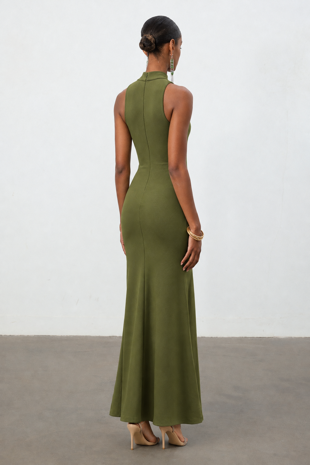 Sukia Chic Form-Fitting High Neck Cutout Draped Tie Sleeveless Mermaid Maxi Dress