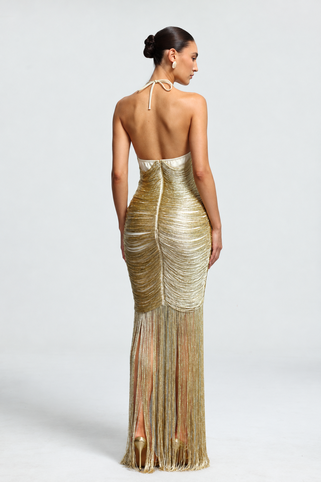 Halli Sophisticated Elegant Deep V Neck Tassel Woven Maxi Dress
