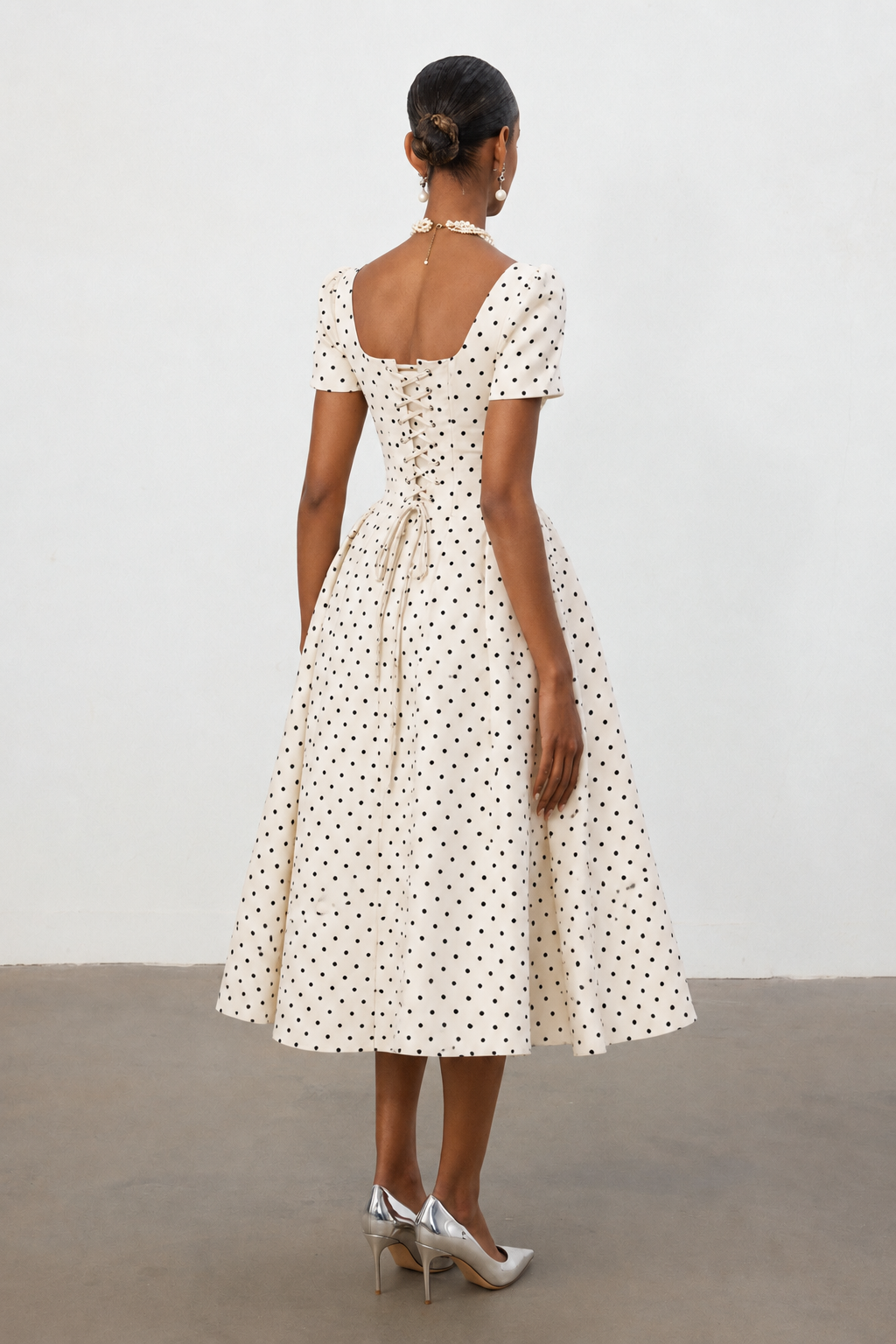 Shirley Elegant Tailored Short Sleeve Polka Dot Woven Maxi Dress