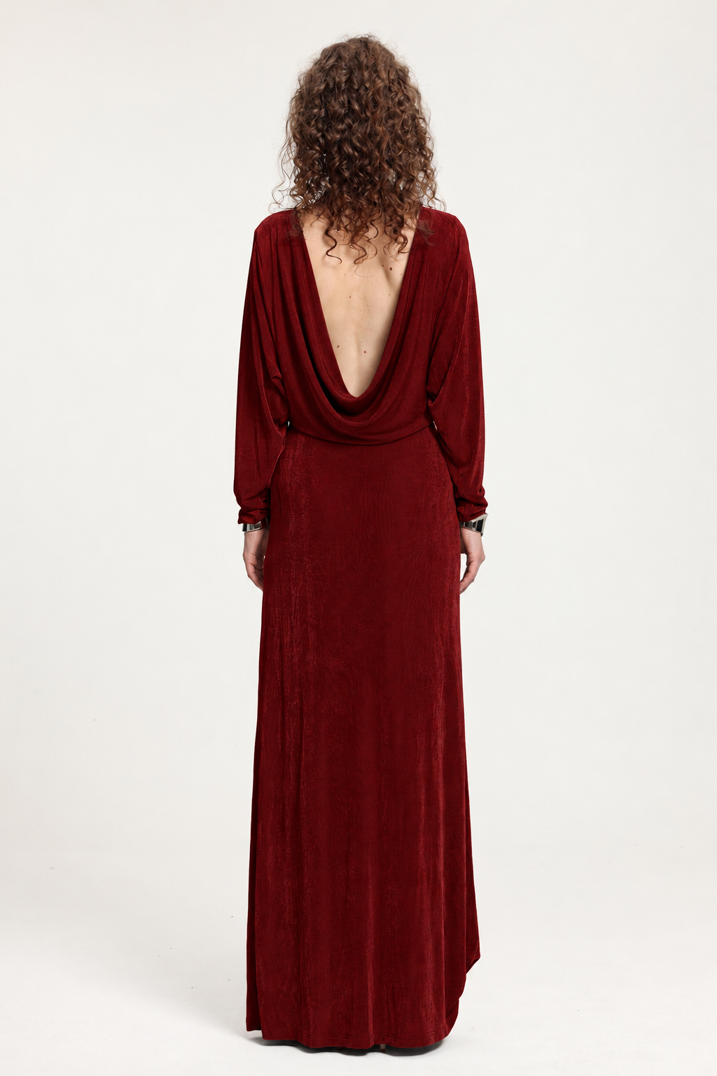 Burgundy Boat Neck Dolman Sleeve Open-Back Maxi Dress
